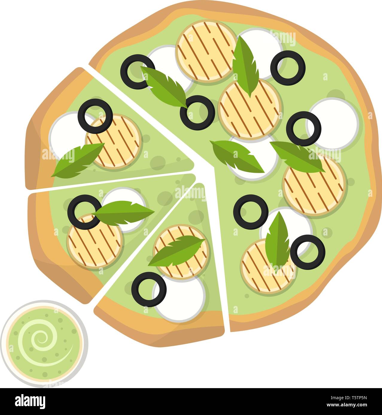 Mozzarella pesto sauce pizza with dip illustration vector on white background Stock Vector