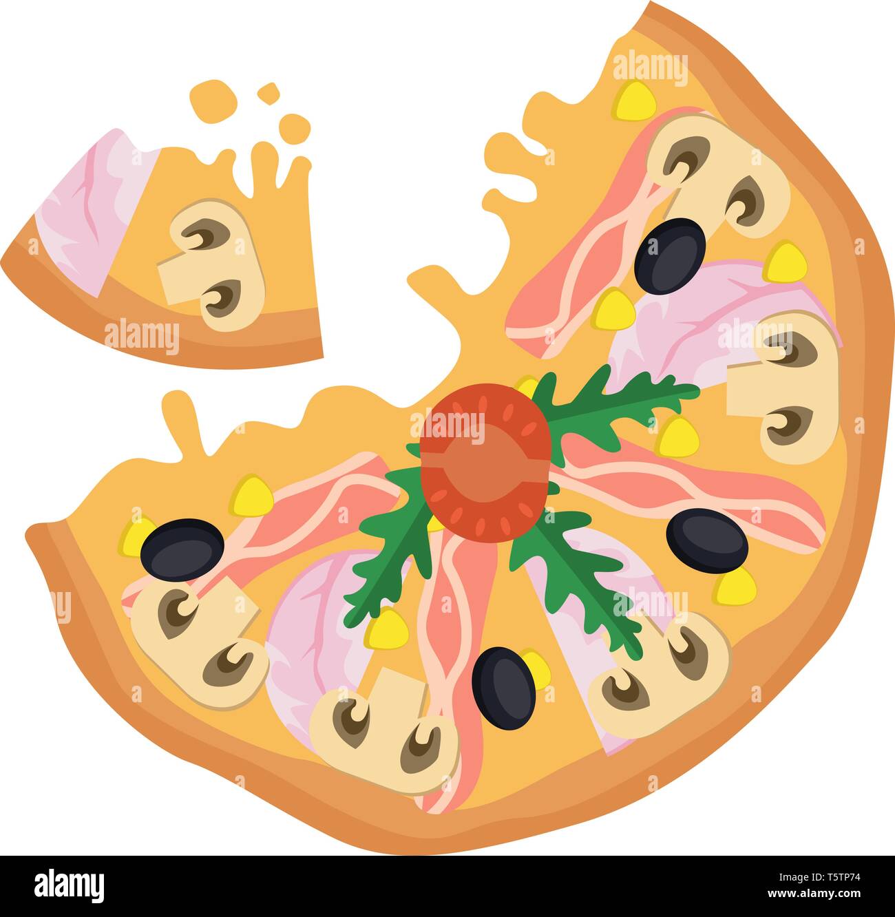 Bacon mushroom pizzaPrint illustration vector on white background Stock Vector