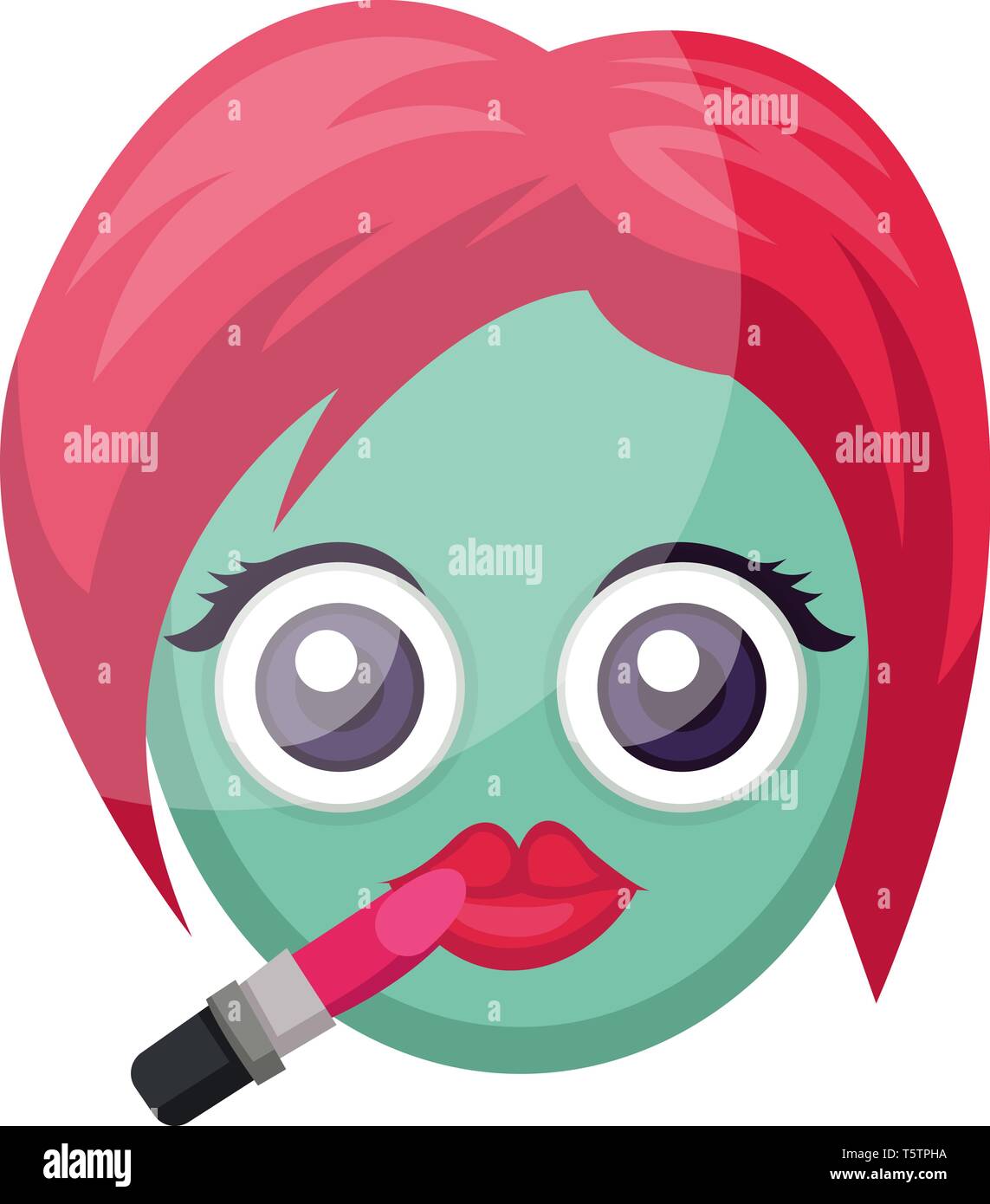 Round blue female emoji face putting on lipstick vector illustration on