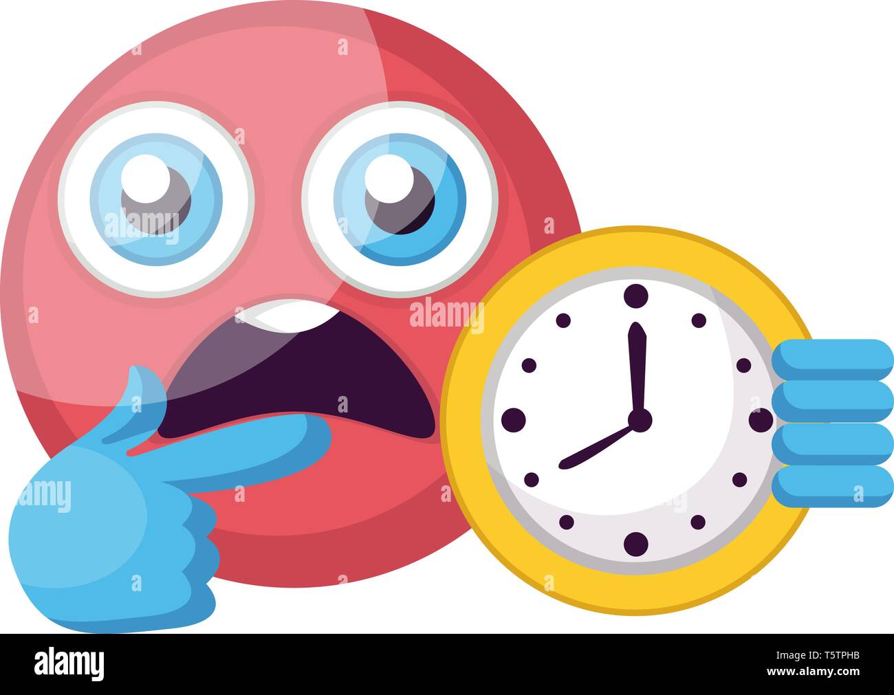 Round pink frustrated emoji showing clock vector illustration on a white background Stock Vector