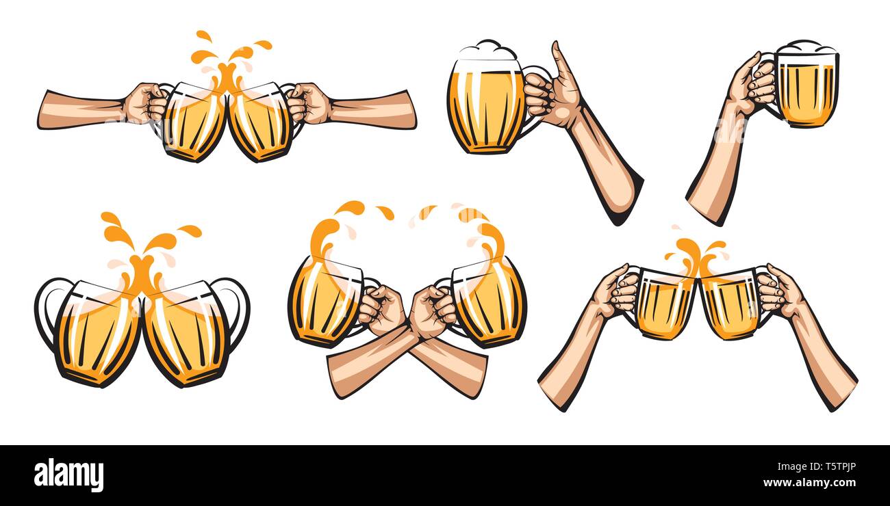 vector illustration of light beer mug in hand, isolated on white ...