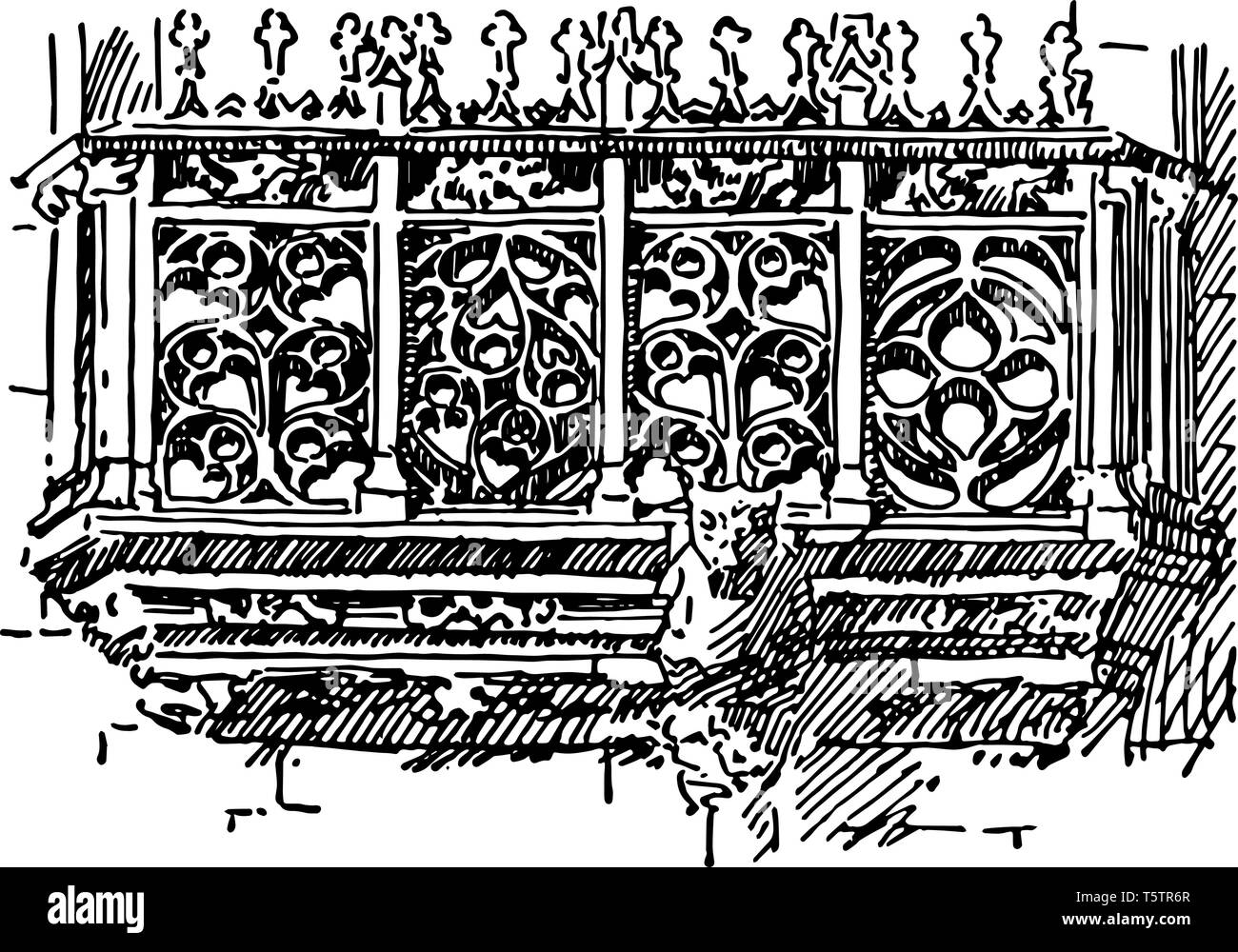 Balustrade Flamboyant French Gothic Chateau of Josselyn frameless glass vintage line drawing or engraving illustration. Stock Vector