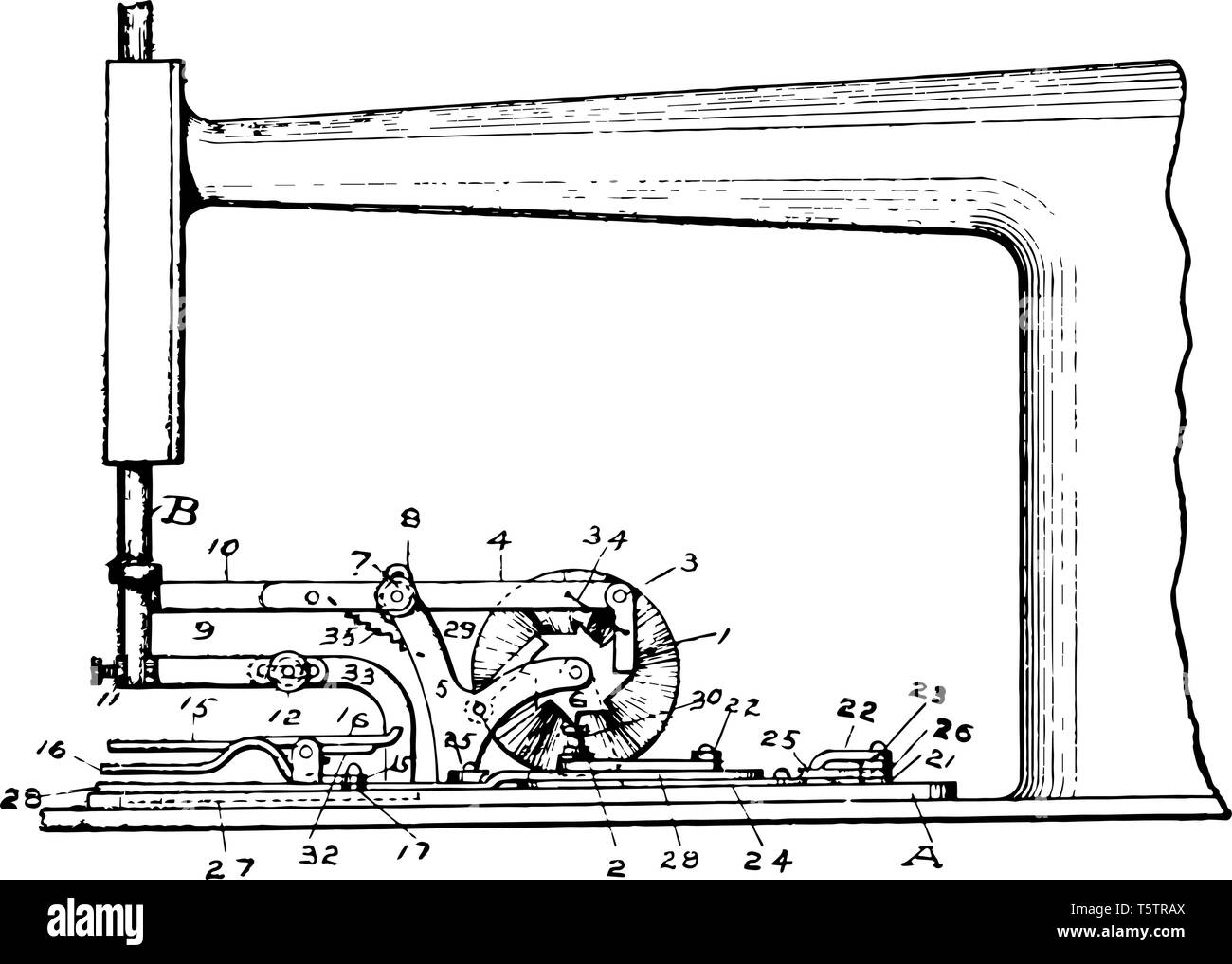 Sewing Machine is home appliance used by individual to sew items by single stitch vintage line drawing or engraving illustration. Stock Vector