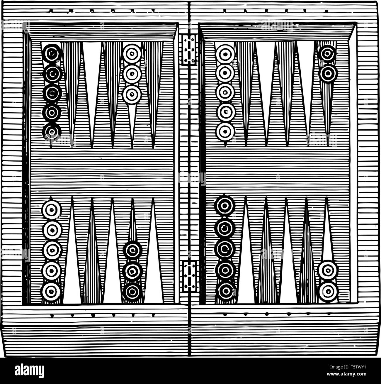 This is a game of Backgammon board vintage line drawing or engraving