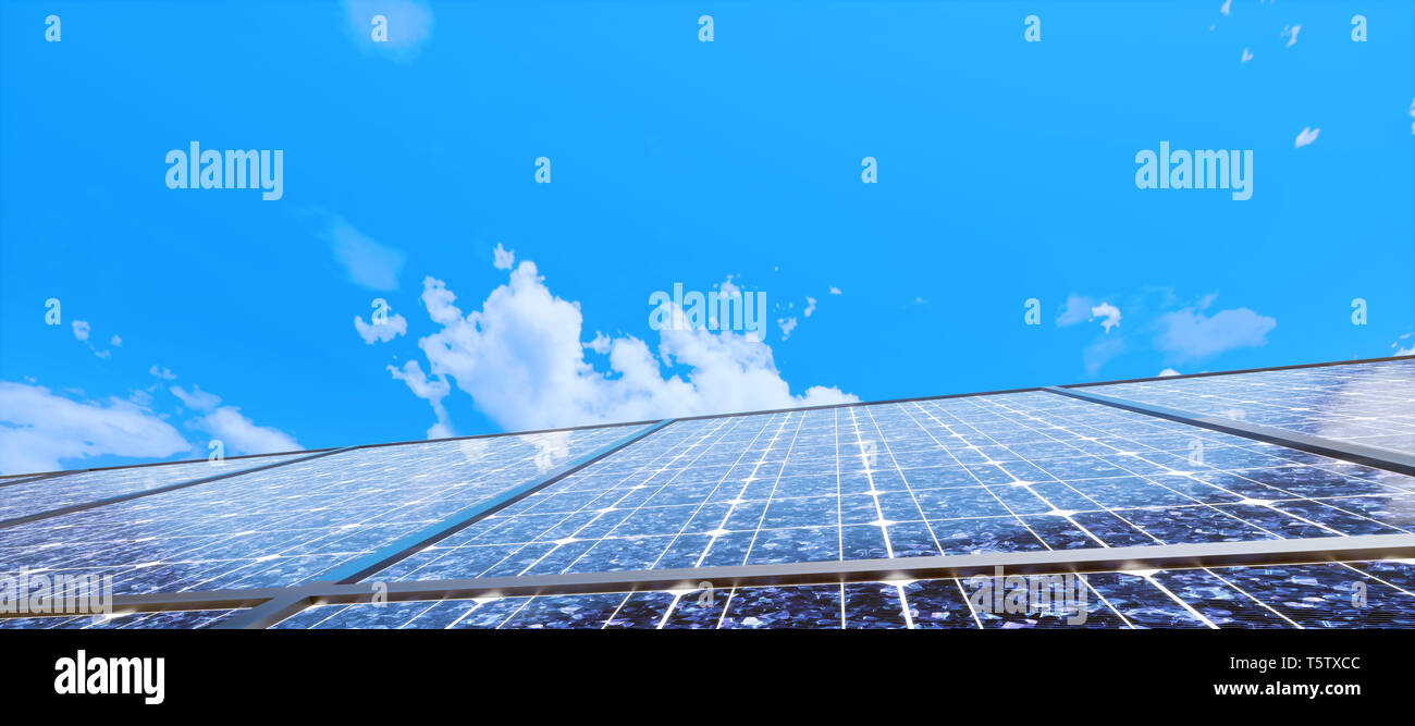 Colorful panoramic landscape: solar power plants. ( 3D rendering ...