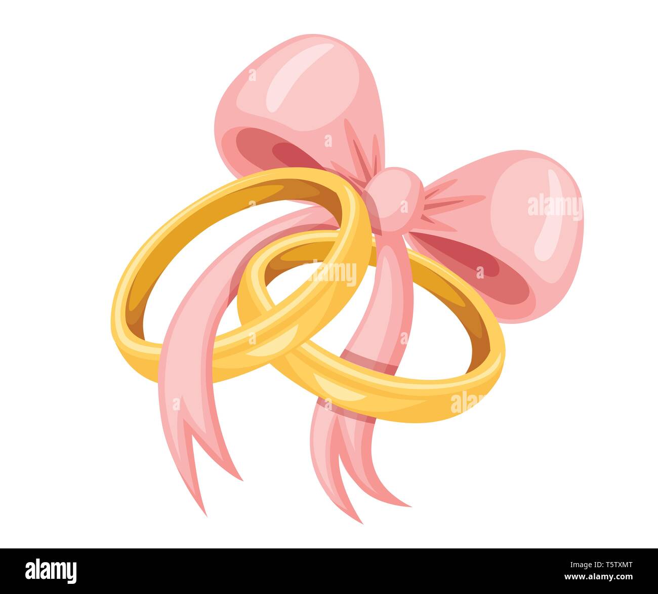 Golden weddings rings with pink bow. Golden jewelry. Flat vector illustration isolated on white background. Stock Vector