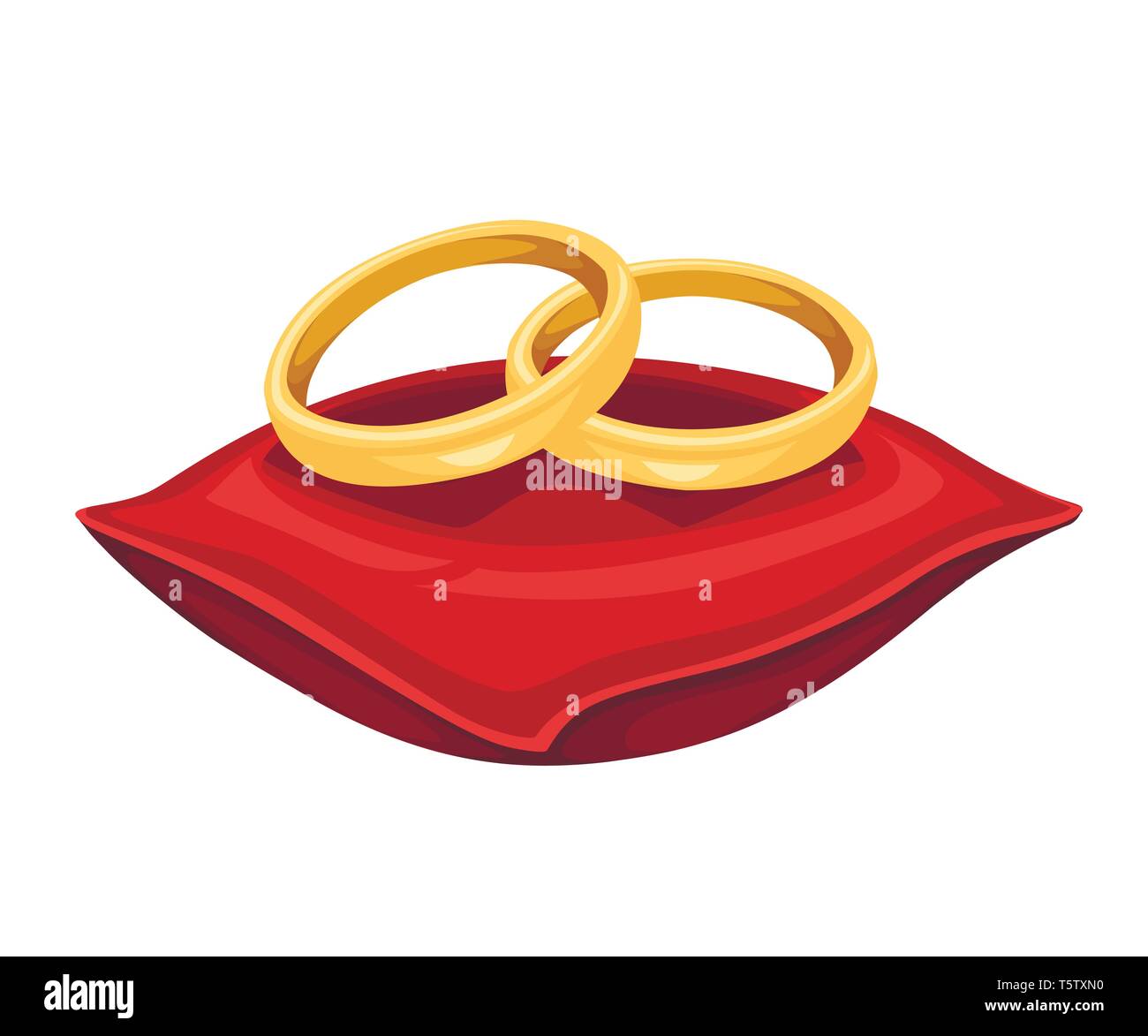 Golden weddings rings on red velvet pillow. Golden jewelry. Flat vector illustration isolated on white background. Stock Vector