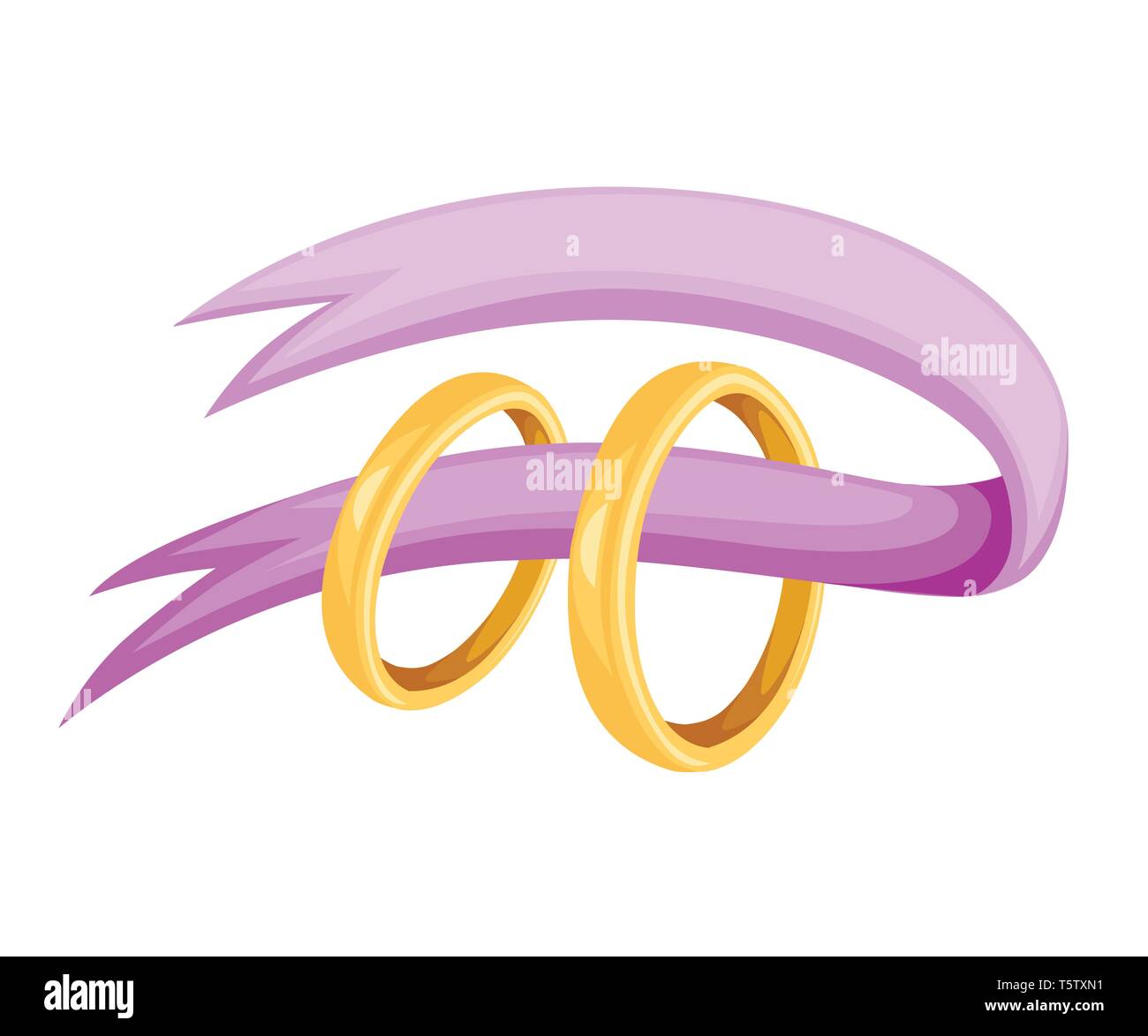 Golden weddings rings with pink ribbon. Golden jewelry. Flat vector illustration isolated on white background. Stock Vector