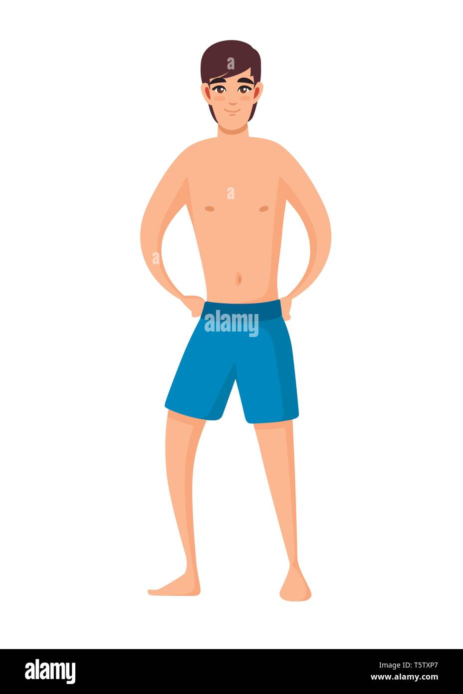 Men wear blue swimsuit. Beach shorts. Cartoon character design. Flat vector illustration isolated on white background. Stock Vector