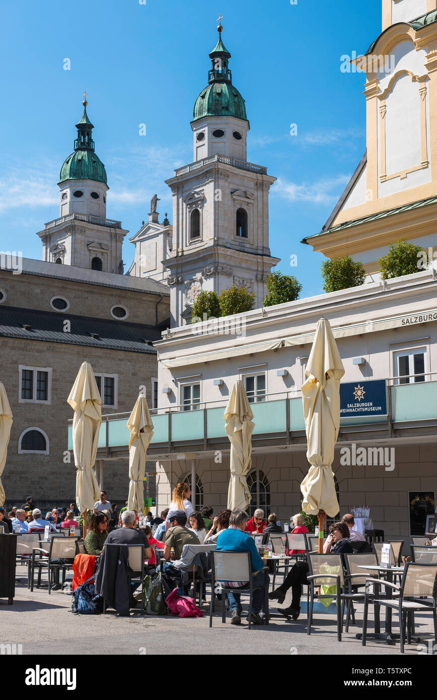 City centre Salzburg, view of people sitting at a cafe terrace in
