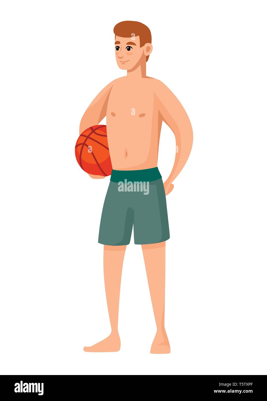 Men wear green swimsuit and hold basketball ball. Beach shorts. Cartoon character design. Flat vector illustration isolated on white background. Stock Vector