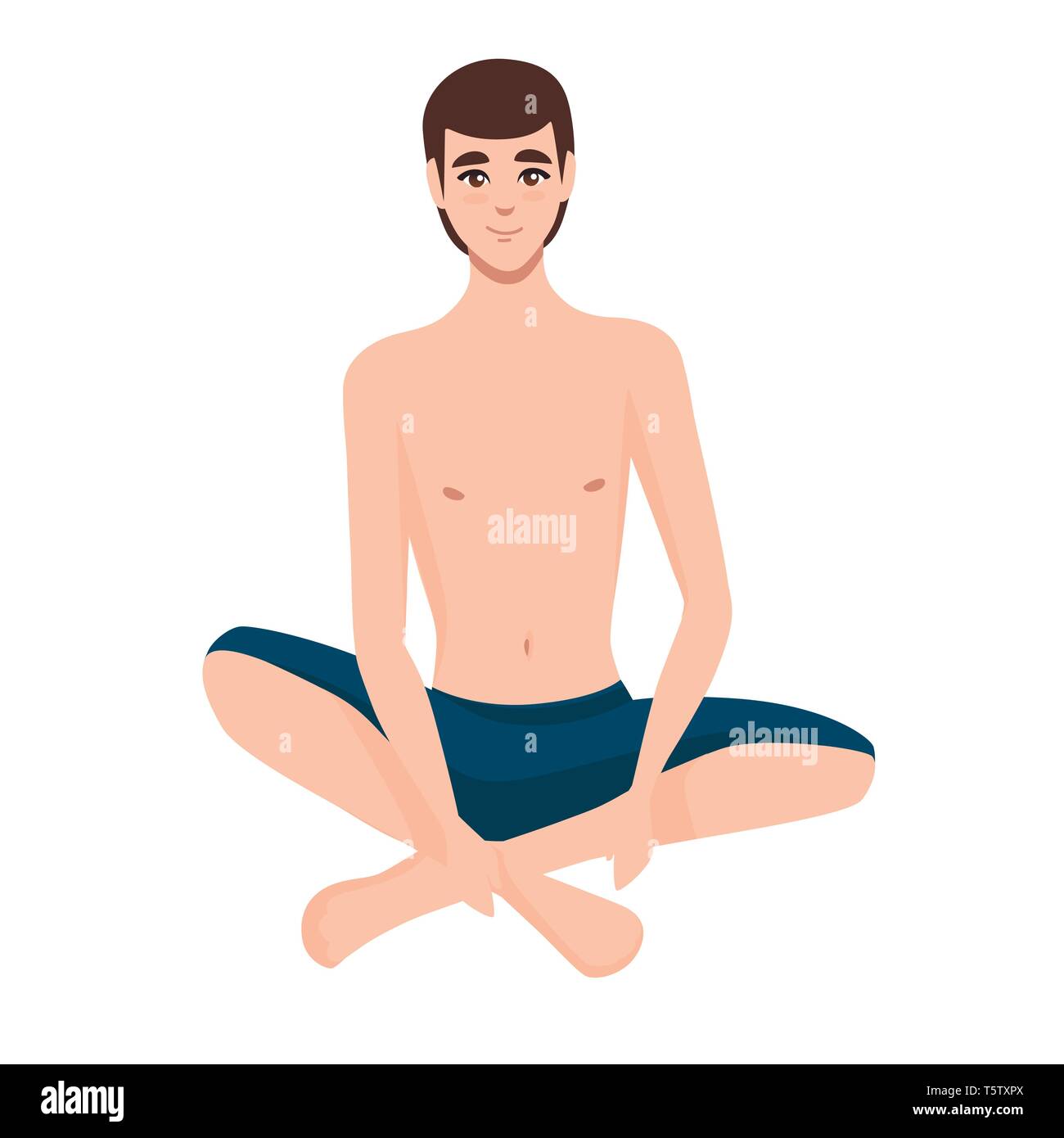 Men wear blue swimsuit sitting. Beach shorts. Cartoon character design. Flat vector illustration isolated on white background. Stock Vector