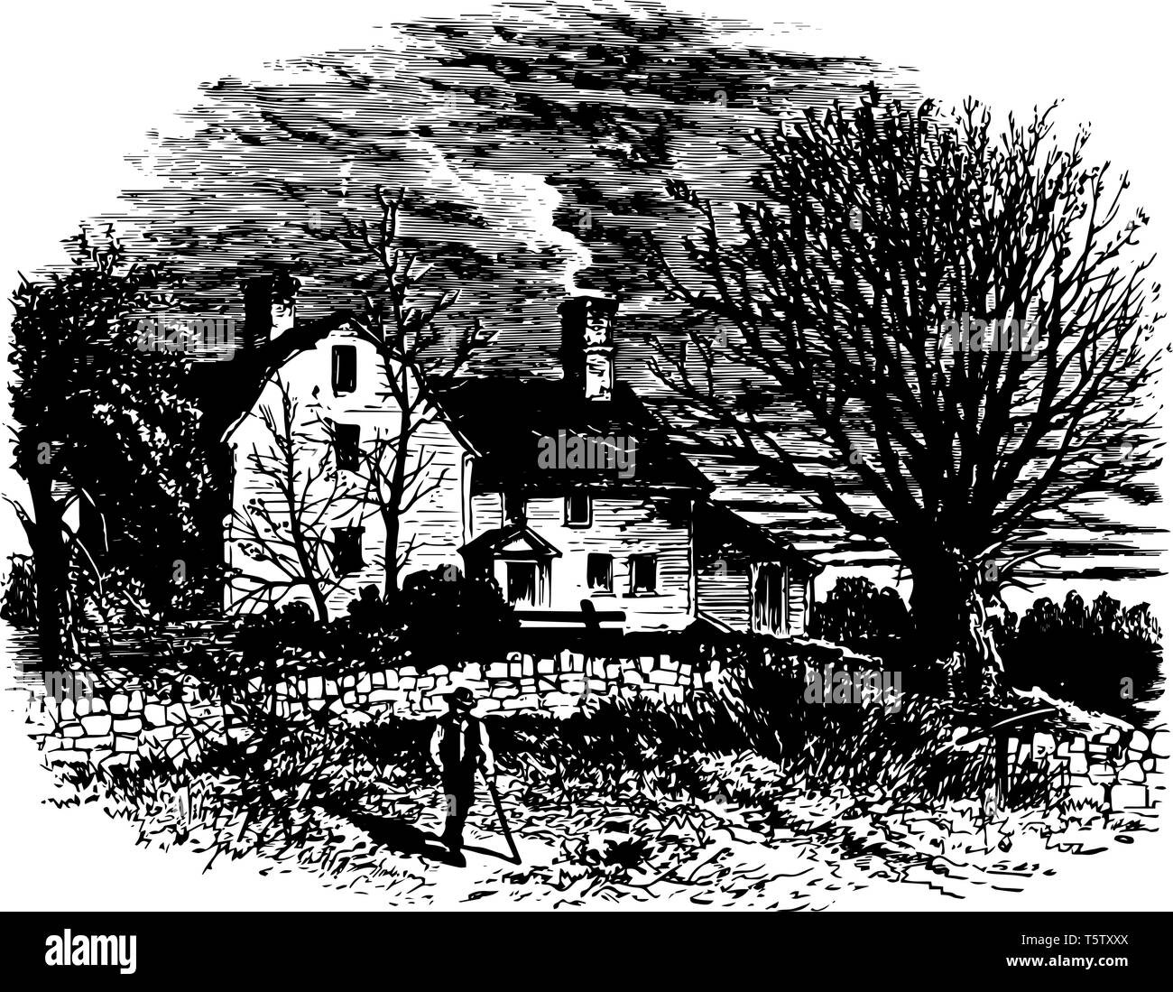 This is the house of the Israel Putnam vintage line drawing or engraving illustration. Stock Vector