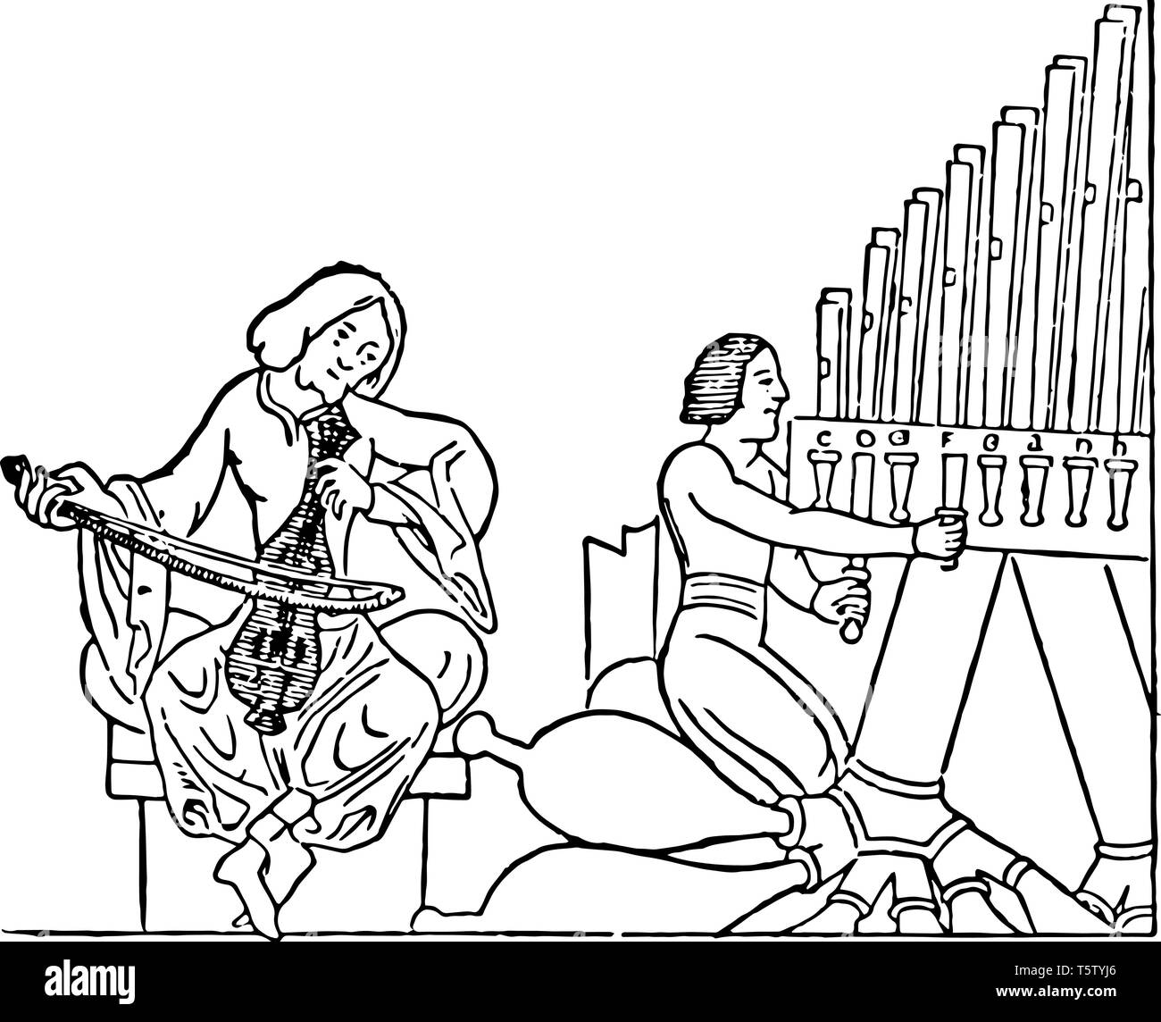 This illustration represents two Men Playing Instruments, vintage line ...