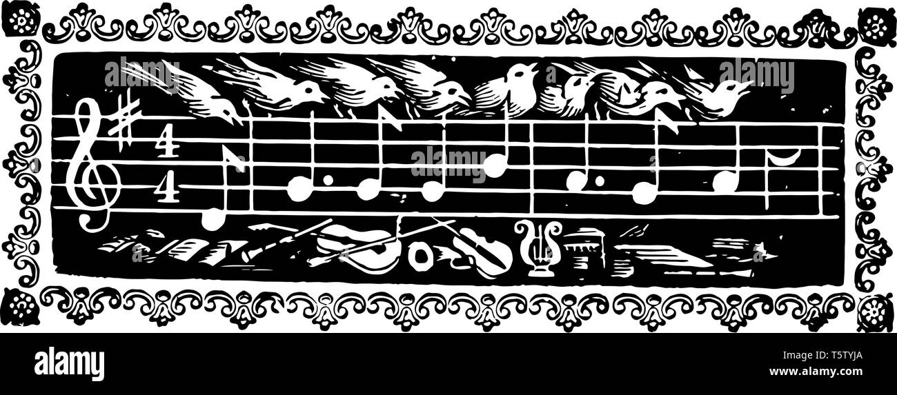 Music notes is the pitch and duration of a sound, vintage line drawing