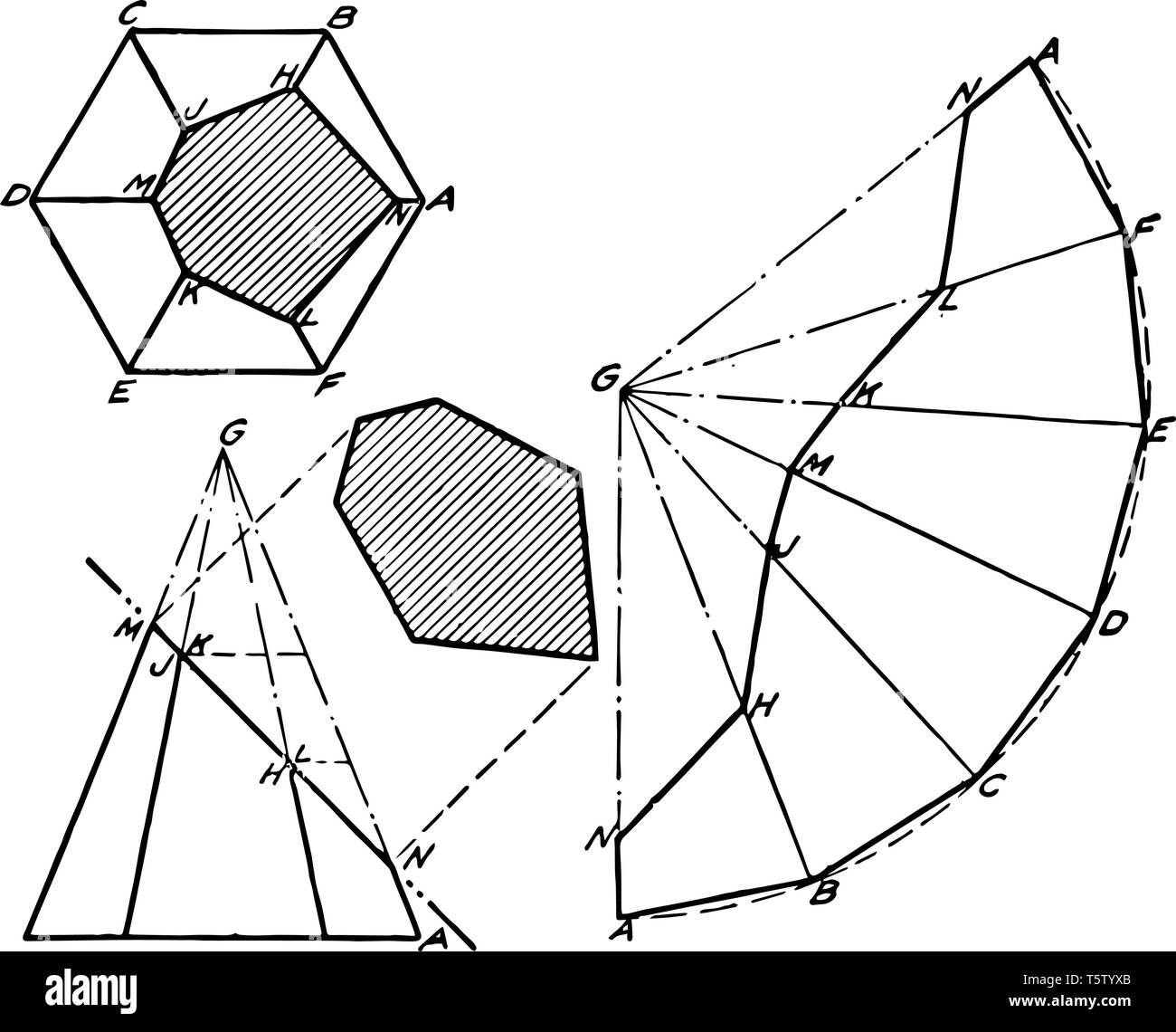 The image shows an extended hexagonal pyramid. The length of the edges is the same plane, and intersects with the on the perimeter of the base, vintag Stock Vector