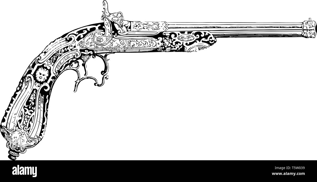 Pistol is ornamented in a Romanesque style, vintage line drawing or