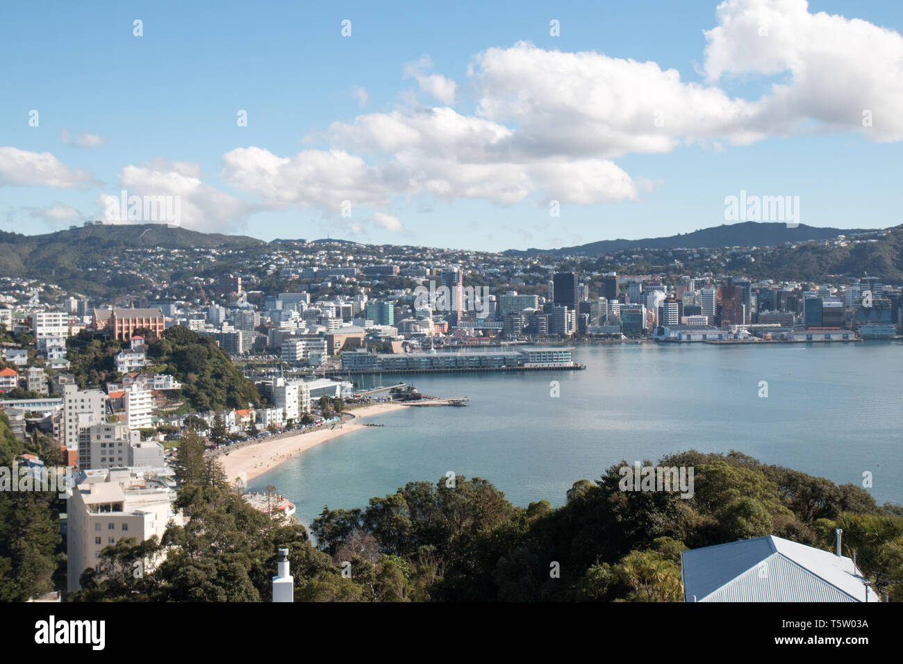Wellington waterfront from Mount Victoria on a beautiful sunny day with a view over Oriental Parade and beach Stock Photo