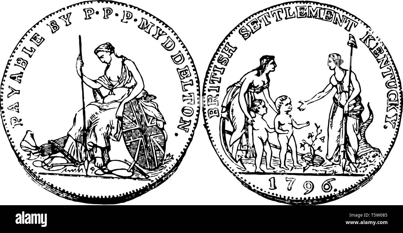 A picture is showing Silver Kentucky Issue Coin, 1796. This is the Kentucky State coin. This shows a female sitting with the spear and shield. Reverse Stock Vector