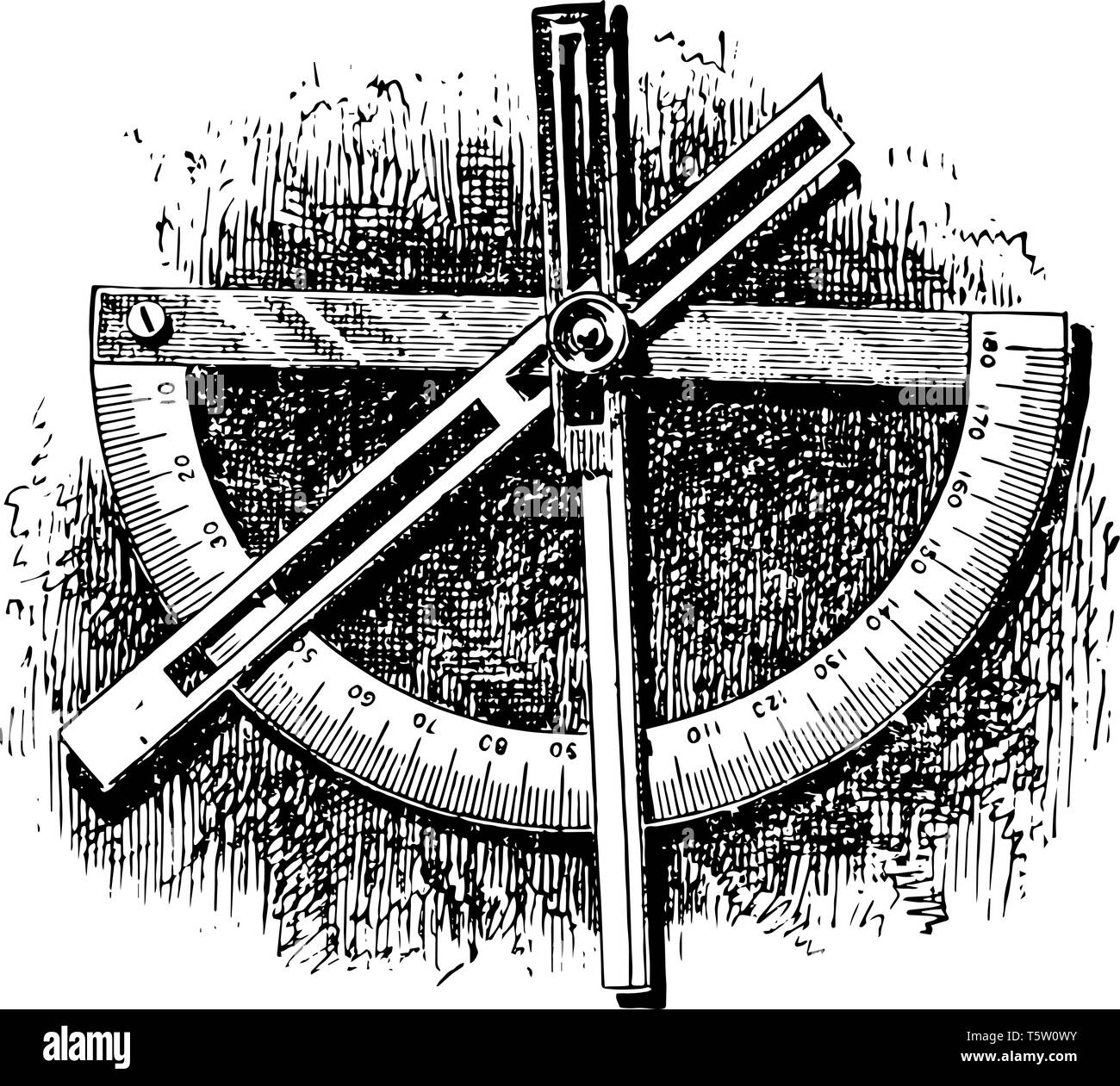 A picture showing hand Goniometer. An instrument to measure solid angles, or the inclination of the planes, particularly the angles formed by the face Stock Vector