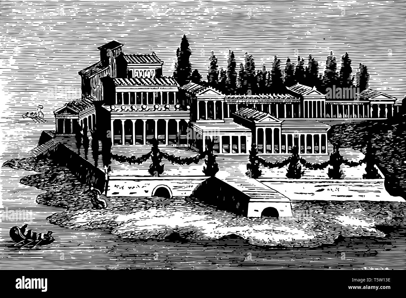 This is the beautiful image of the Roman villa. It is a fresco painting of a Roman villa. There is a larger palace along with trees. Crossing the pala Stock Vector