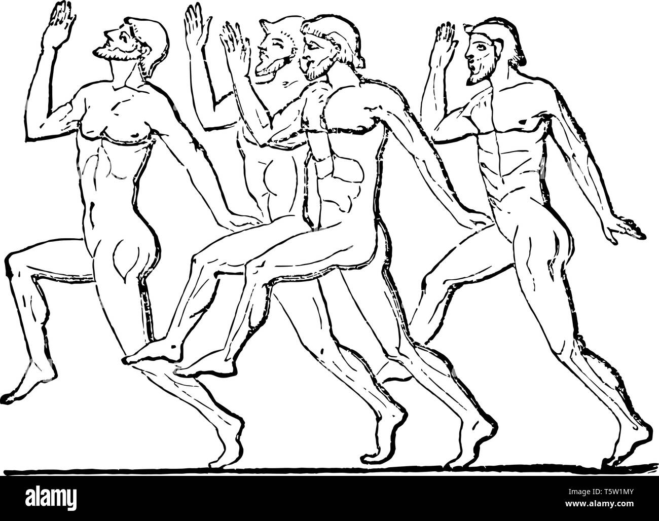 Greeks competing on a foot-race, vintage line drawing or engraving illustration. Stock Vector