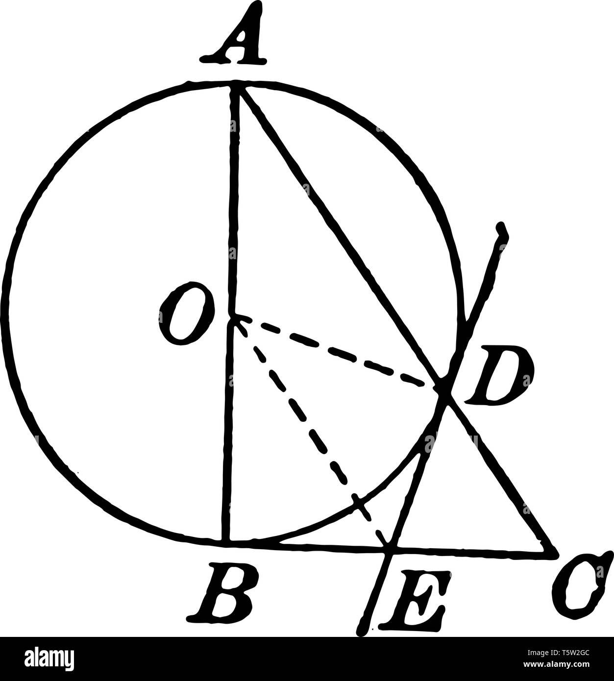 A diagram where a leg of a right triangle is the diameter of a circle. The tangent at the point where the circumference cuts the hypotenuse divides th Stock Vector
