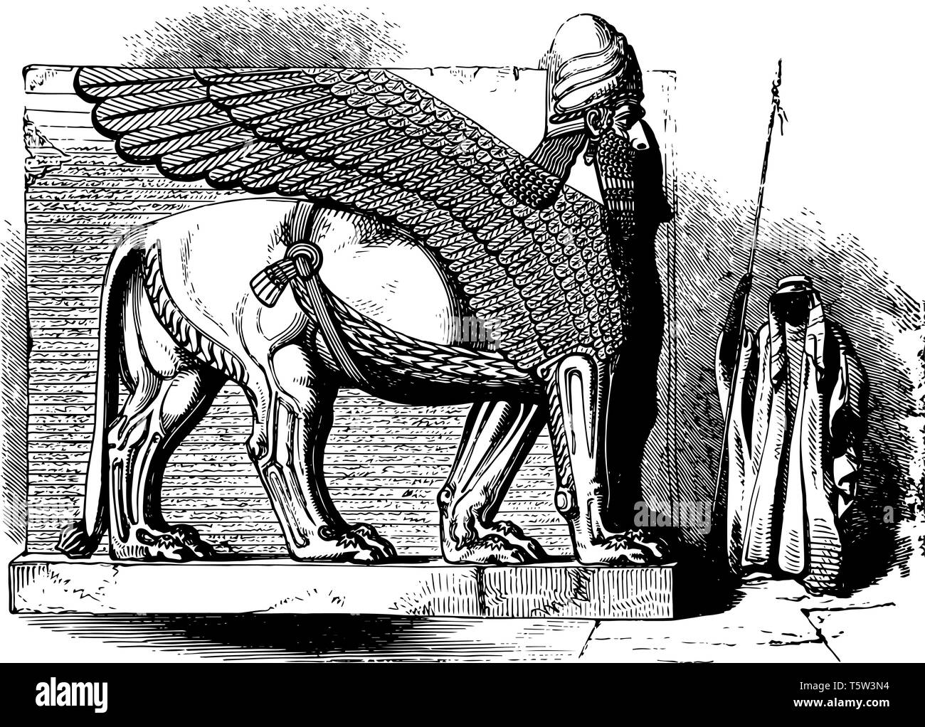 The demonstration of a lamassu (winged lion with a human head) in the Palace of Ashurnasirpal. From the ninth to the seventh century, vintage line dra Stock Vector