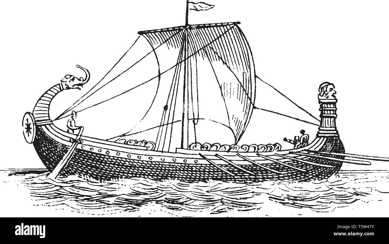 Norman ship from Bayeux Tapestry built in the traditional Viking style, vintage line drawing or engraving illustration. Stock Vector