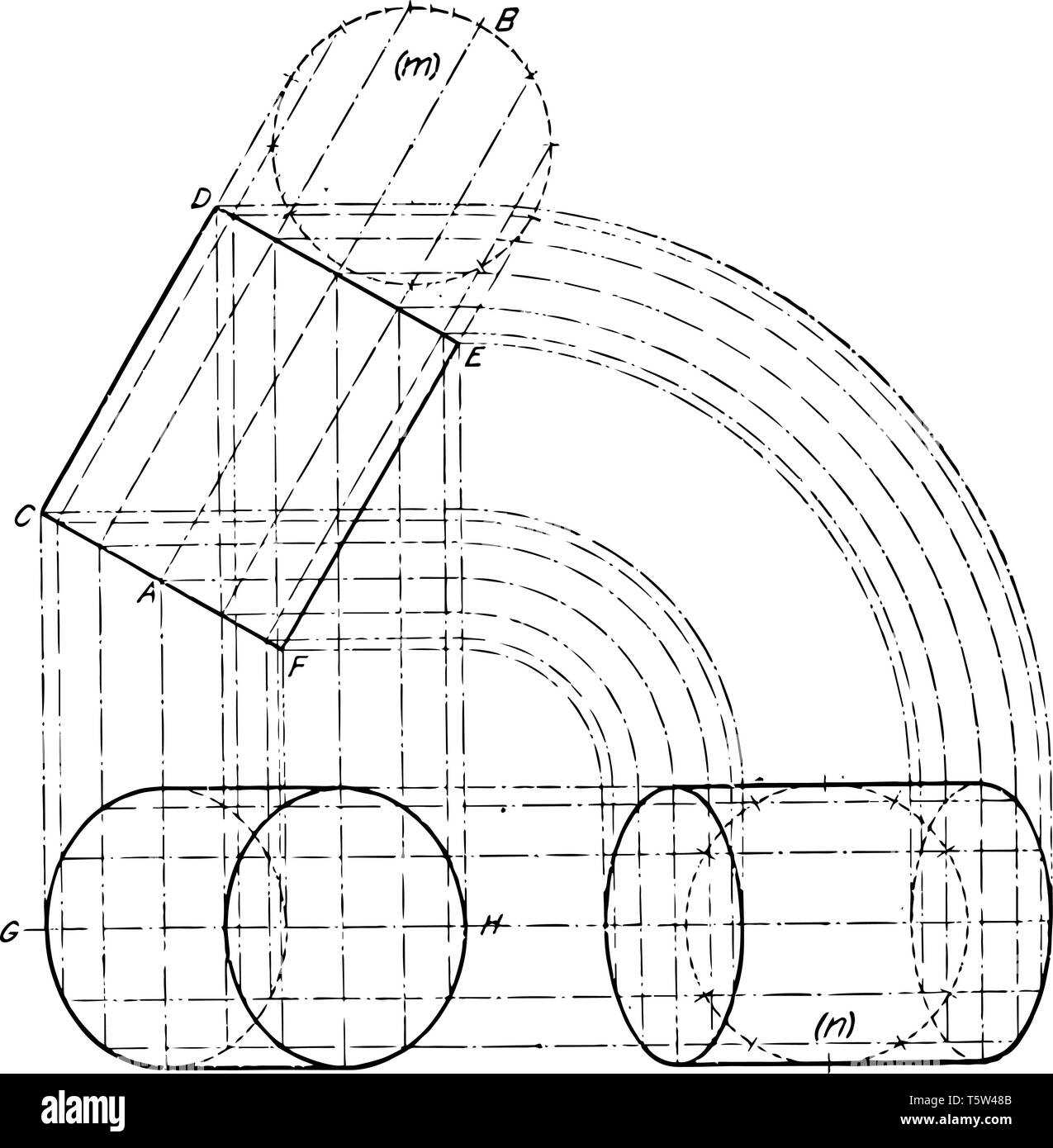 The image shows the three-axis plane Projection of the cylinder. It is a graphic layout of projections to build a cylinder from the base of the cylind Stock Vector