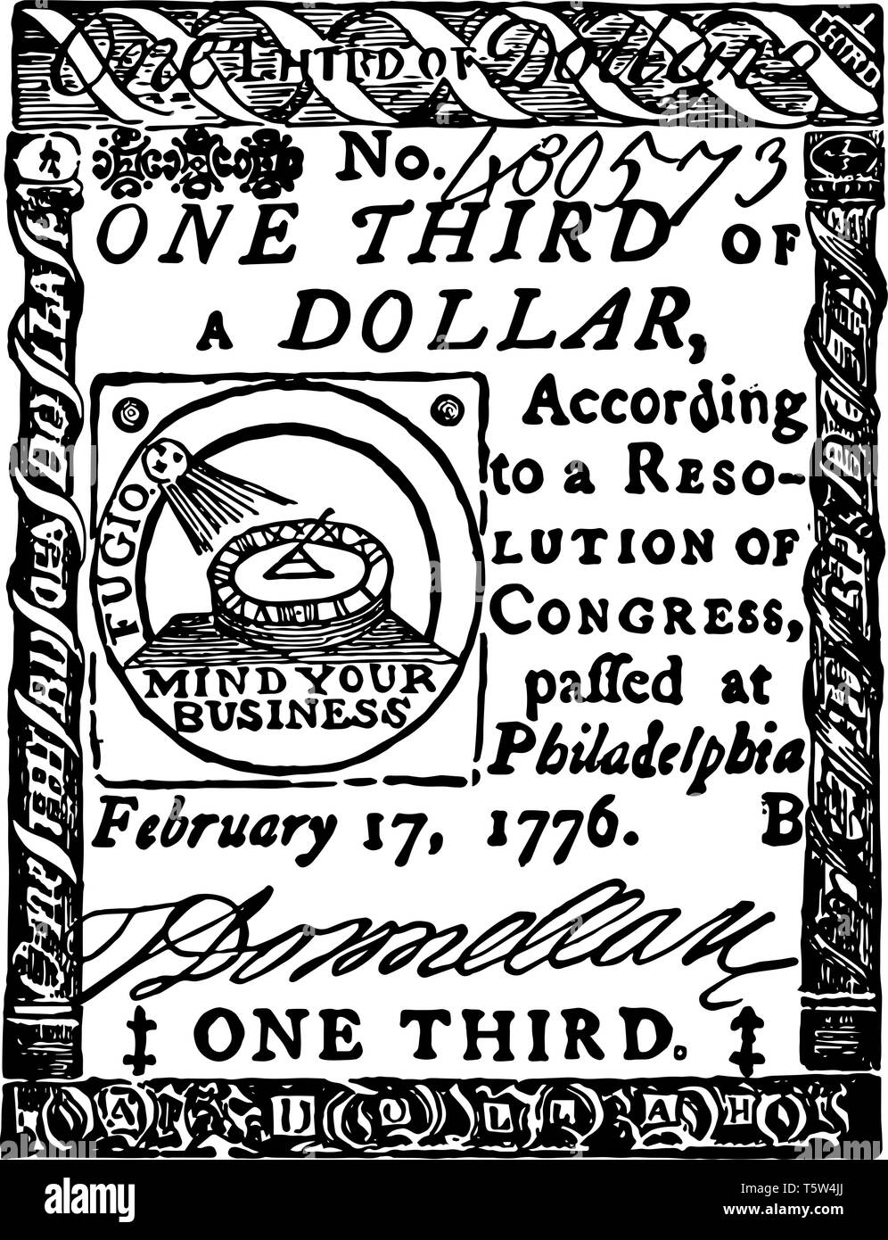 An image showing third dollar promissory note. This Continental paper bill that held almost no value during the revolution, vintage line drawing or en Stock Vector