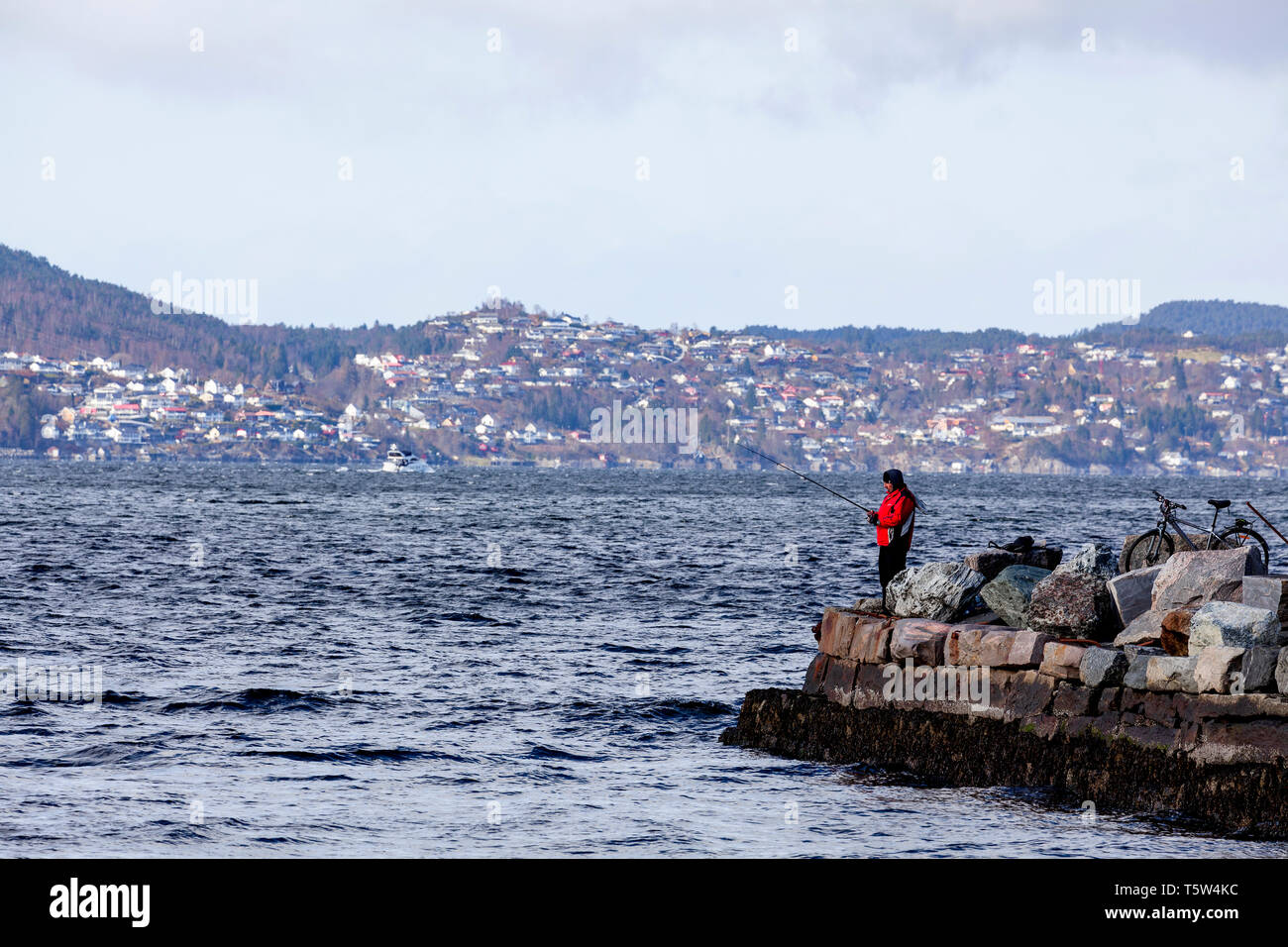 A man fishing from the shore, outside Bergen city, Norway. Askoy island in the background. Stock Photo