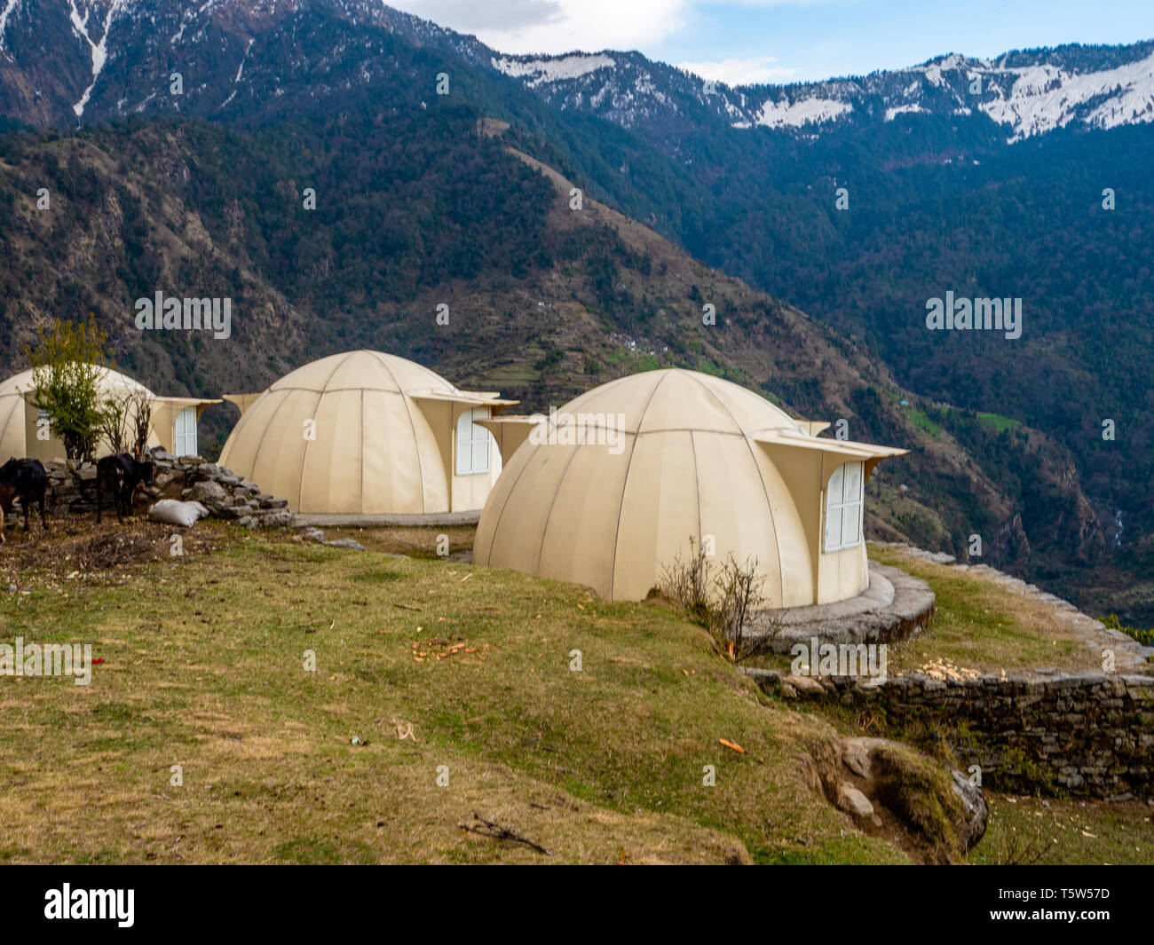 Fibreglass igloo style disaster emergency shelters in the Himalayan village of Jhuni in the Pindar Valley Uttarakhand Northern India Stock Photo