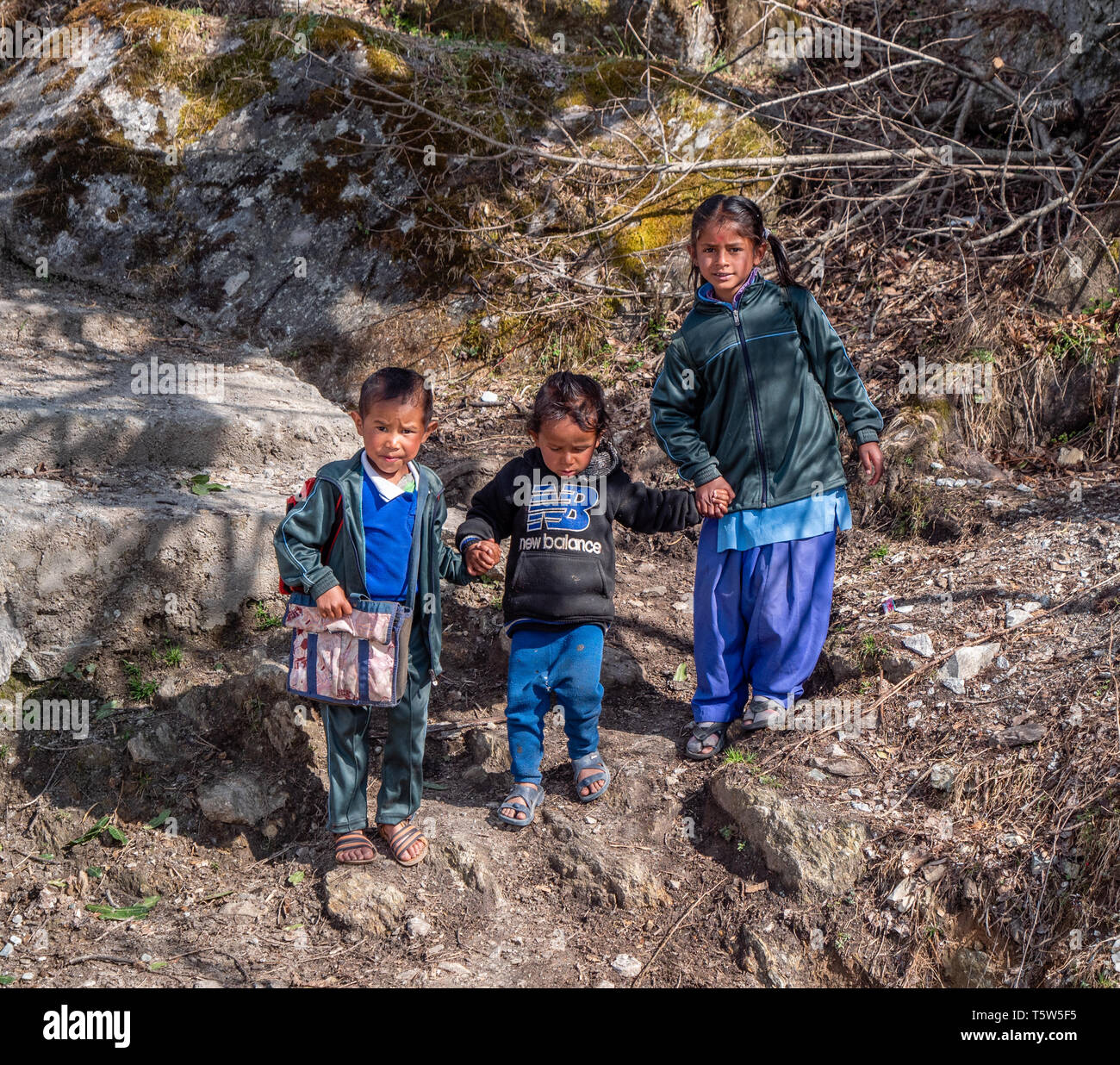 Three children on their way home from school in the Pindar Valley of Uttarakhand in Northern India Stock Photo