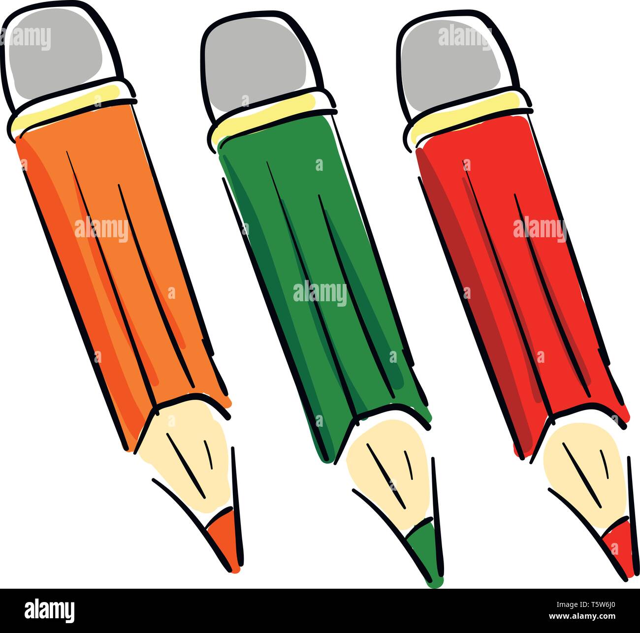 A red, green, and orange colored pencils, vector, color drawing or