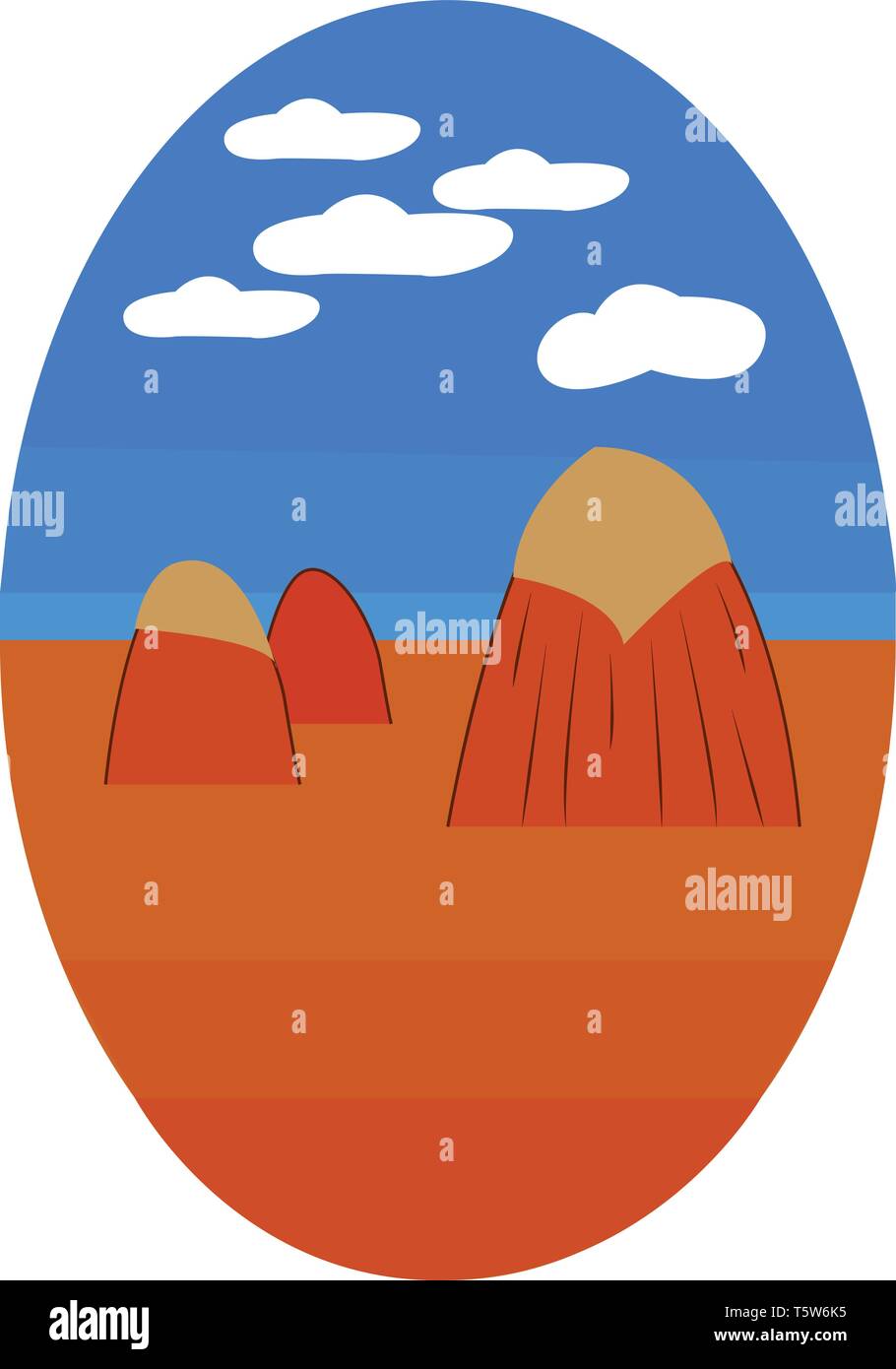 An egg shape drawing of stack of hay in a blue sky with 5 white clouds above it, vector, color drawing or illustration. Stock Vector