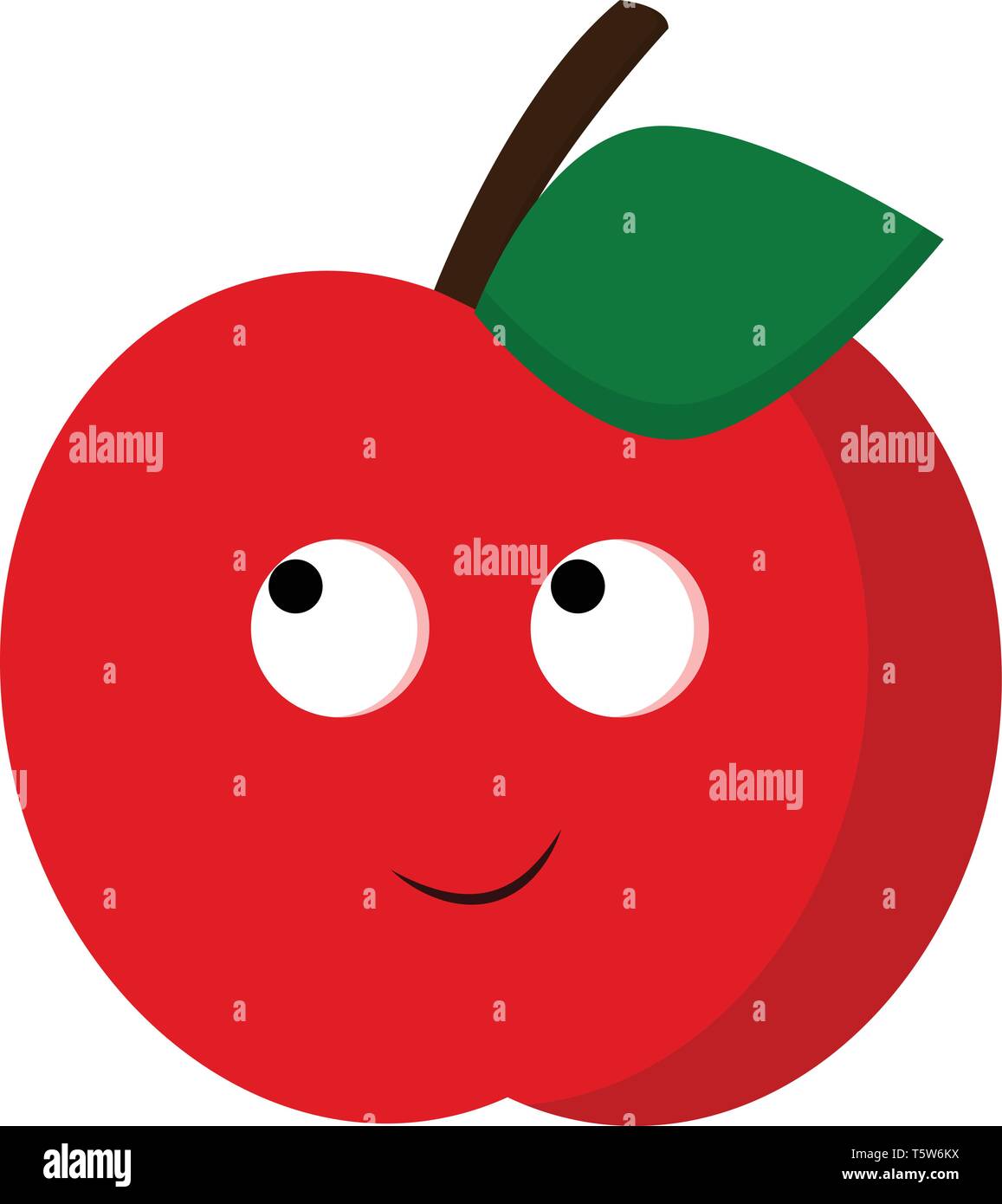 A happy red apple with two eyes and green leaf, vector, color drawing
