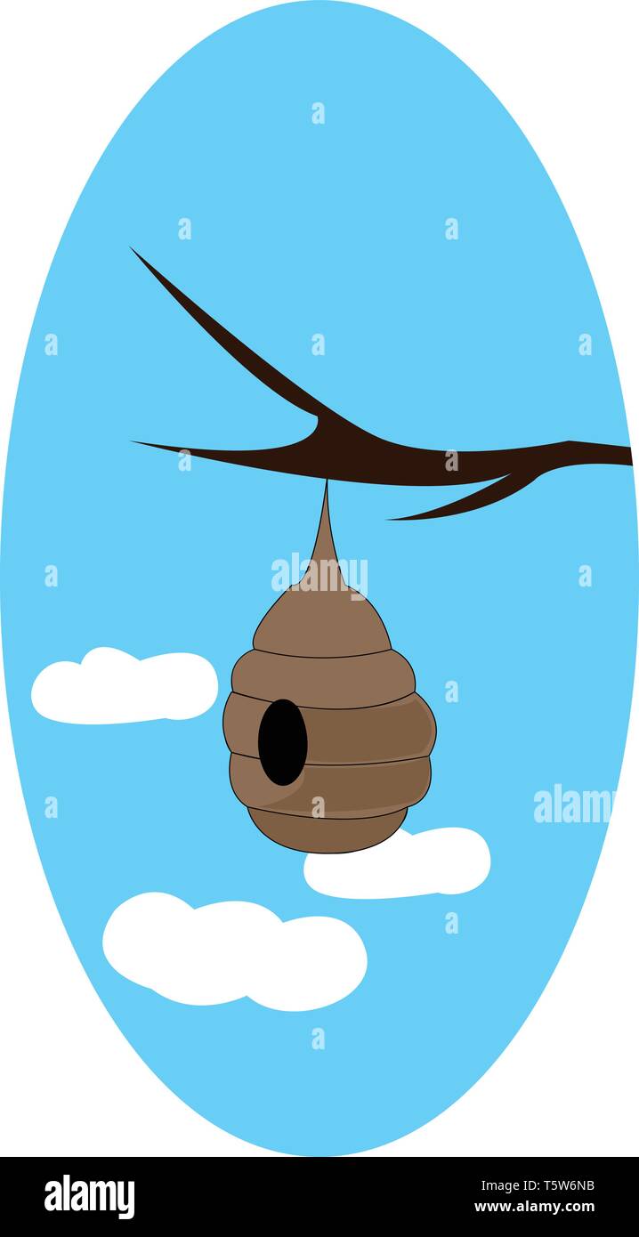 A brown bee hive hanging at the tree branch in a blue sky with 3 clouds, vector, color drawing or illustration. Stock Vector