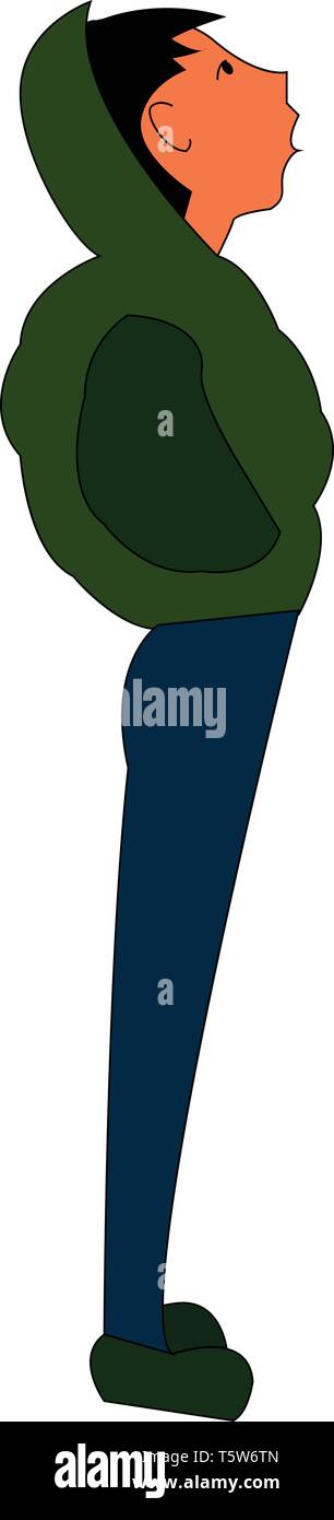 A boy in a green jacket, blue pants and green shoes staring up with mouth open, cartoon, vector, color drawing or illustration. Stock Vector