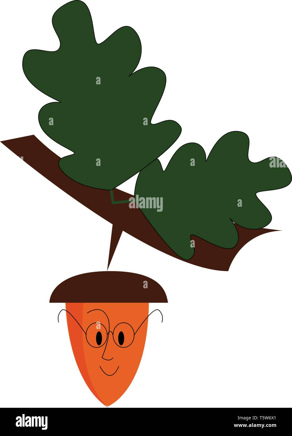 An acorn hanging from a brown branch with two green leaves has two eyes a nose a mouth and is wearing glasses vector color drawing or illustration Stock Vector