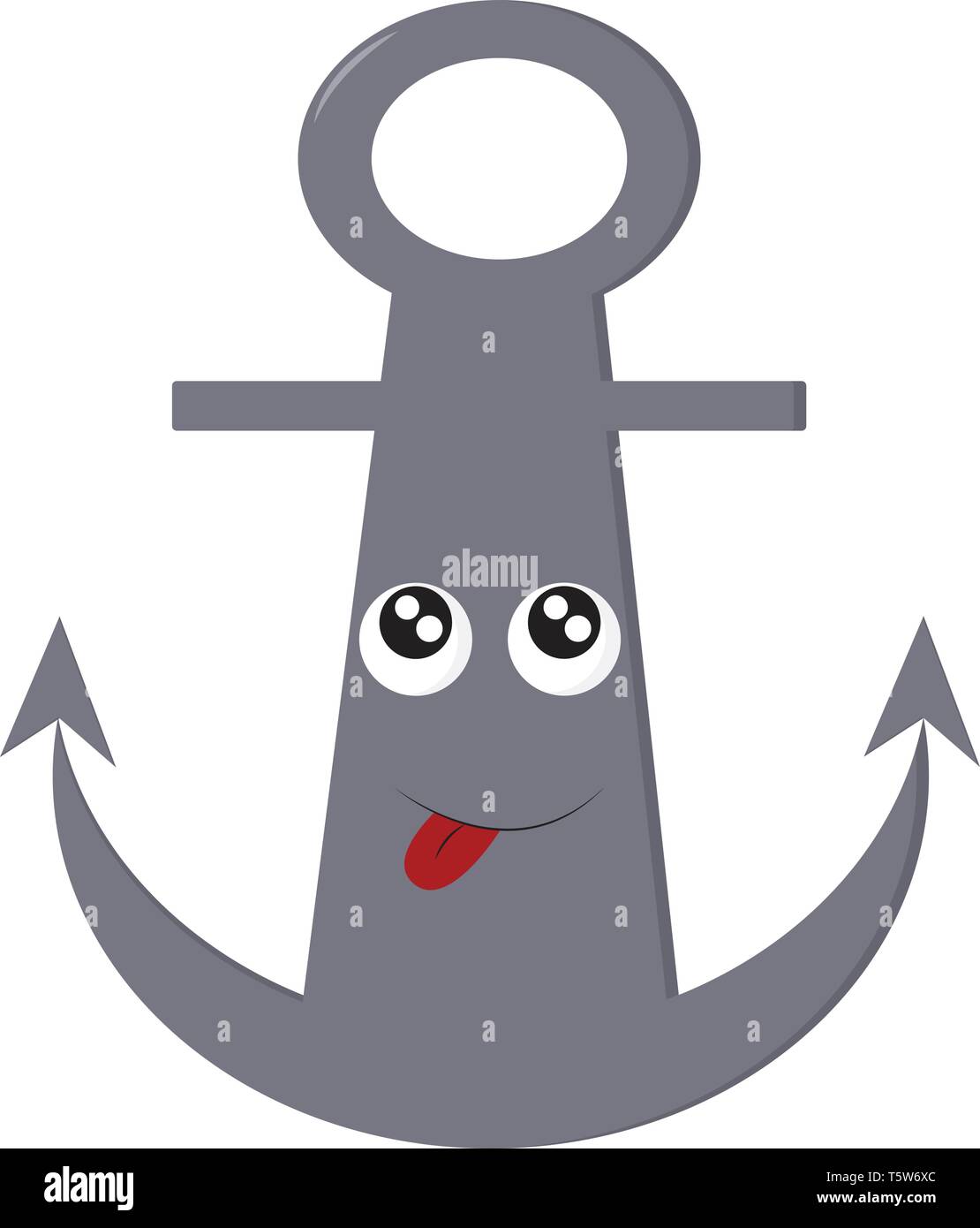 A grey-colored anchor with a cartoon face and a tongue hanging out vector color drawing or illustration Stock Vector