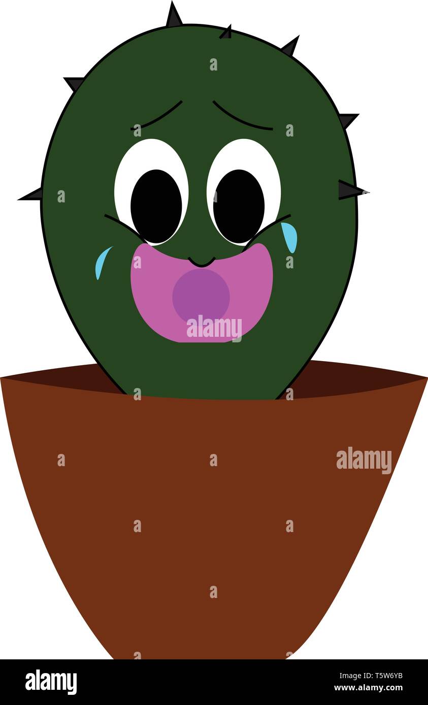 A potted green cactus plant with spikes and a sad and crying expression on the face vector color drawing or illustration Stock Vector
