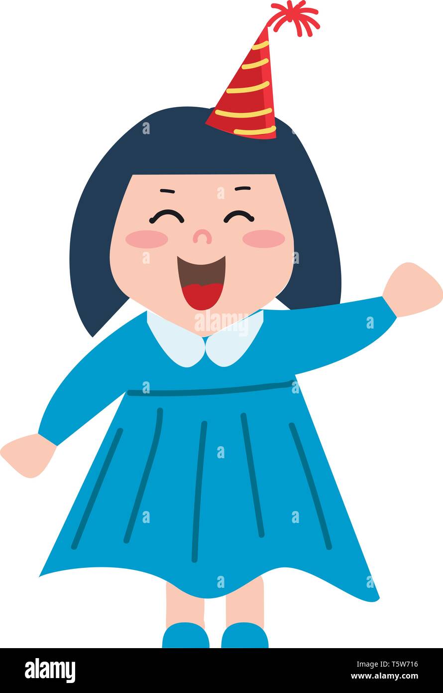 A happy girl dressed in blue with a red and yellow cone-shaped hat vector color drawing or illustration Stock Vector