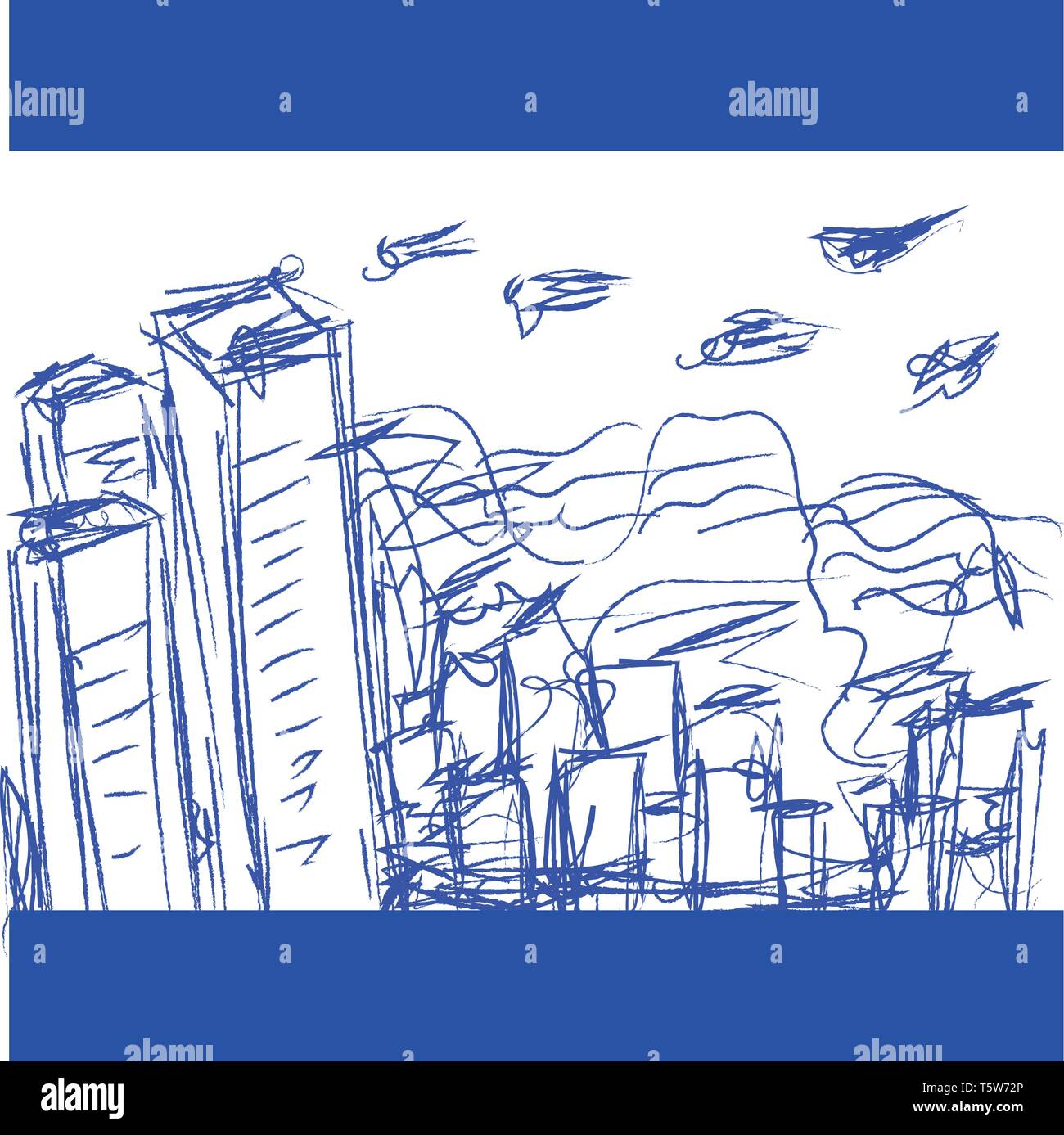 A pen sketch of a cityscape with and short buildings and a few birds flying high vector color drawing or illustration Stock Vector