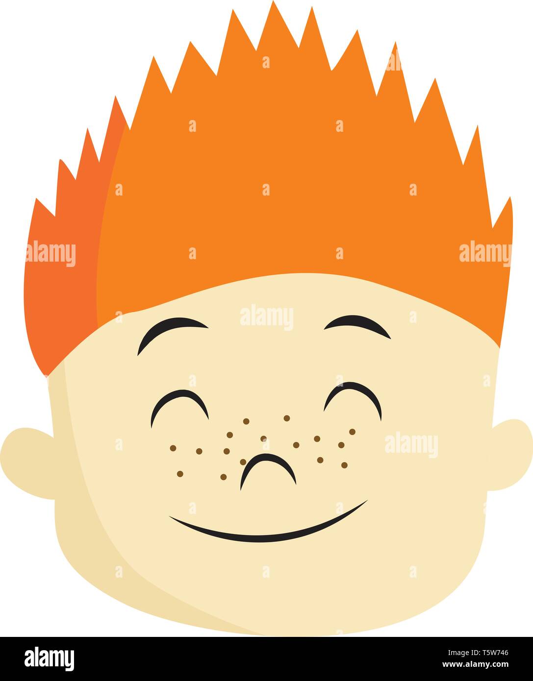 A boy with orange spiked hair and freckles on the face is closing his eyes and smiling vector color drawing or illustration Stock Vector