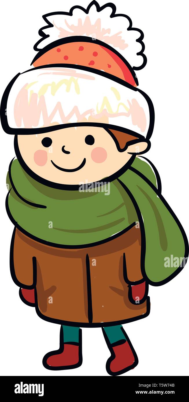 A small boy wearing winter clothes like orange winter cap green scarf brown coat red mittens and socks vector color drawing or illustration Stock Vector
