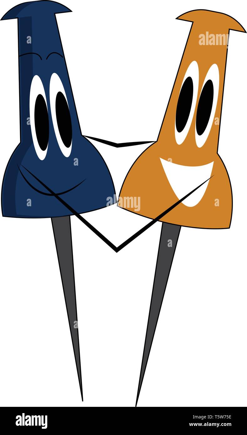 A pair of blue and yellow bulletin board pins with a smiley face