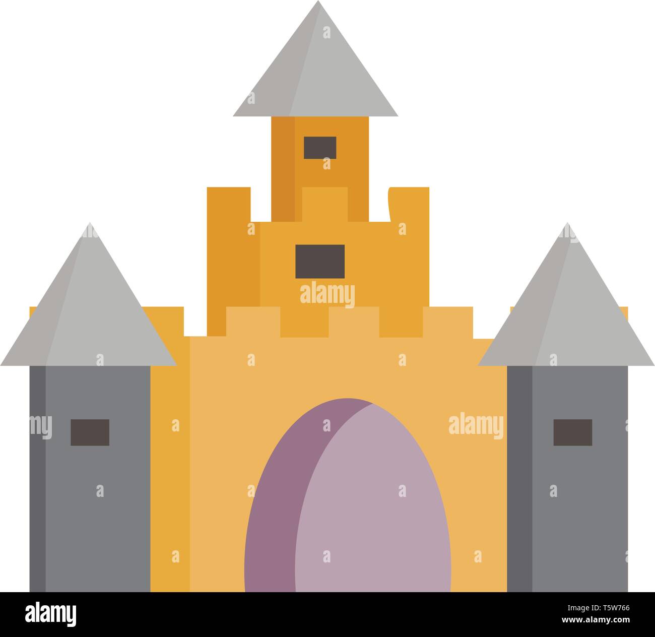 Yellow and grey castle with cone-shaped grey roofs a large entrance and many windows vector color drawing or illustration Stock Vector