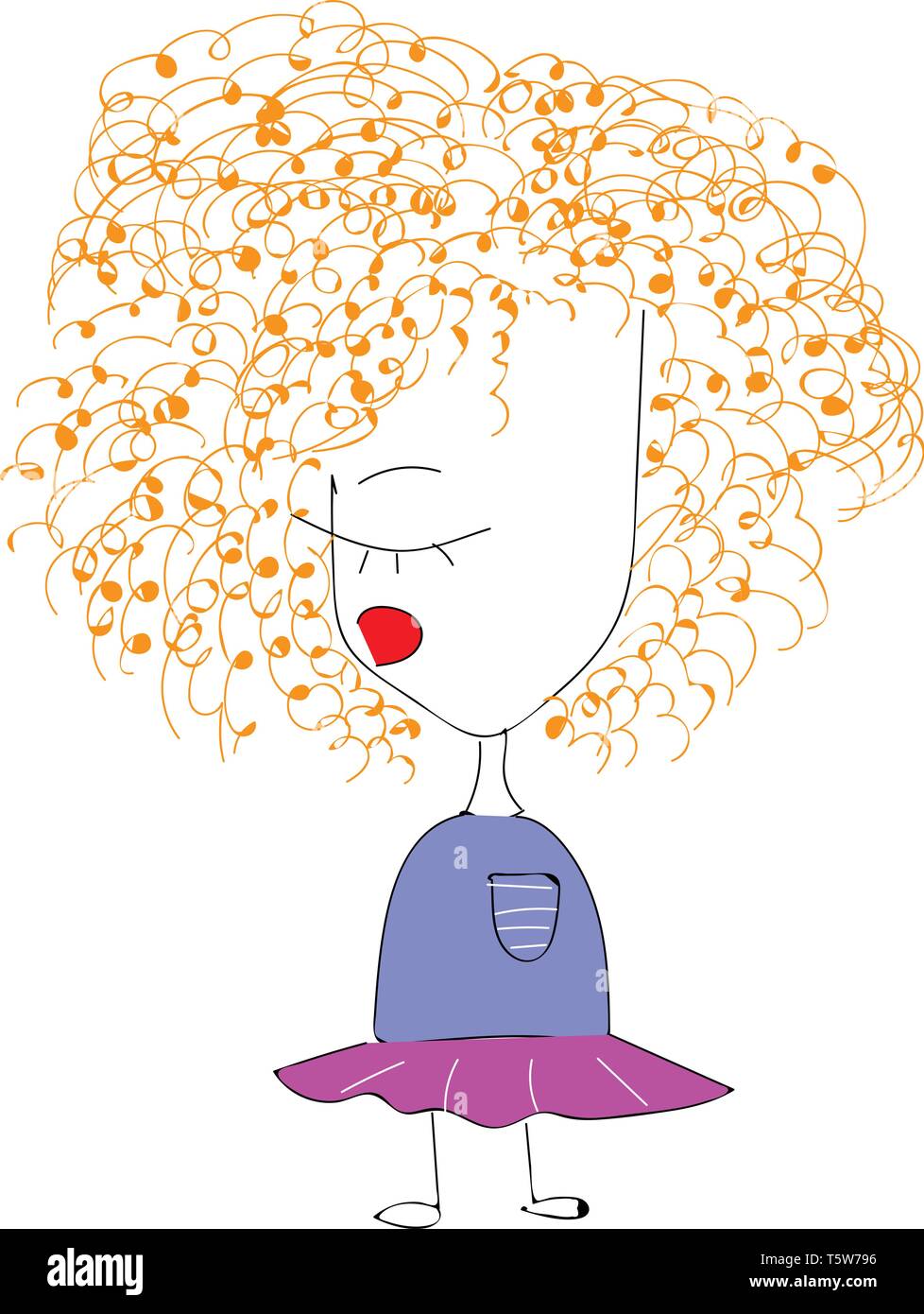 A Child With Orange Curly Hair Purple Dress Standing Straight