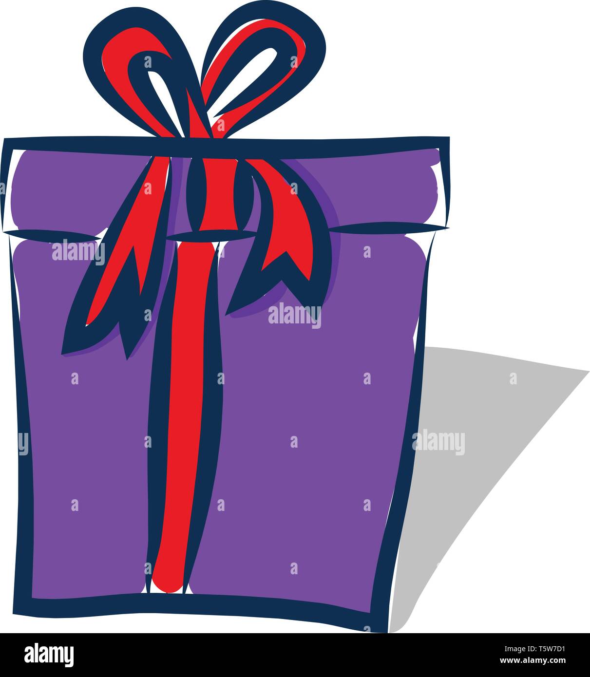 A purple gift box wrapped with red ribbon and a big bow on the top ...